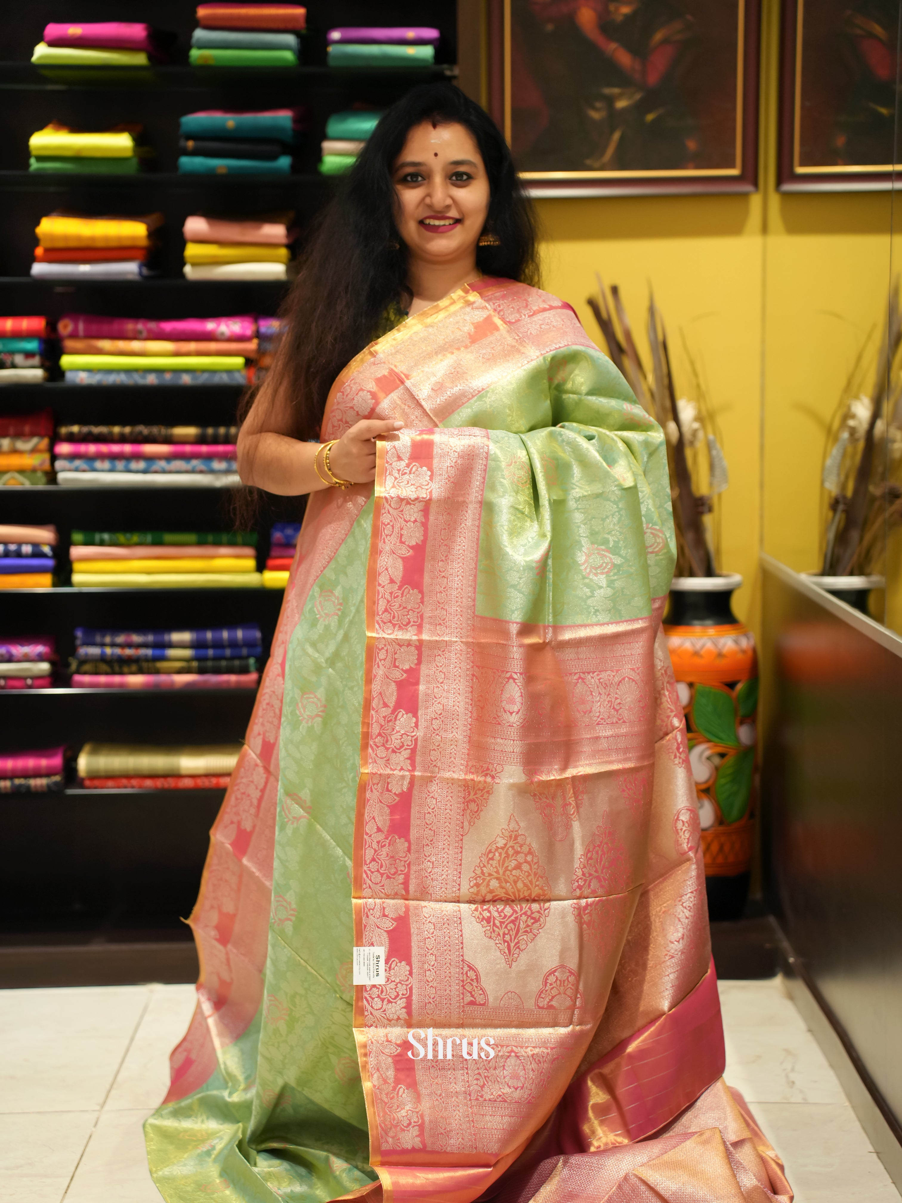 Pista Green & Pink - Kanchipuram-halfpure Saree