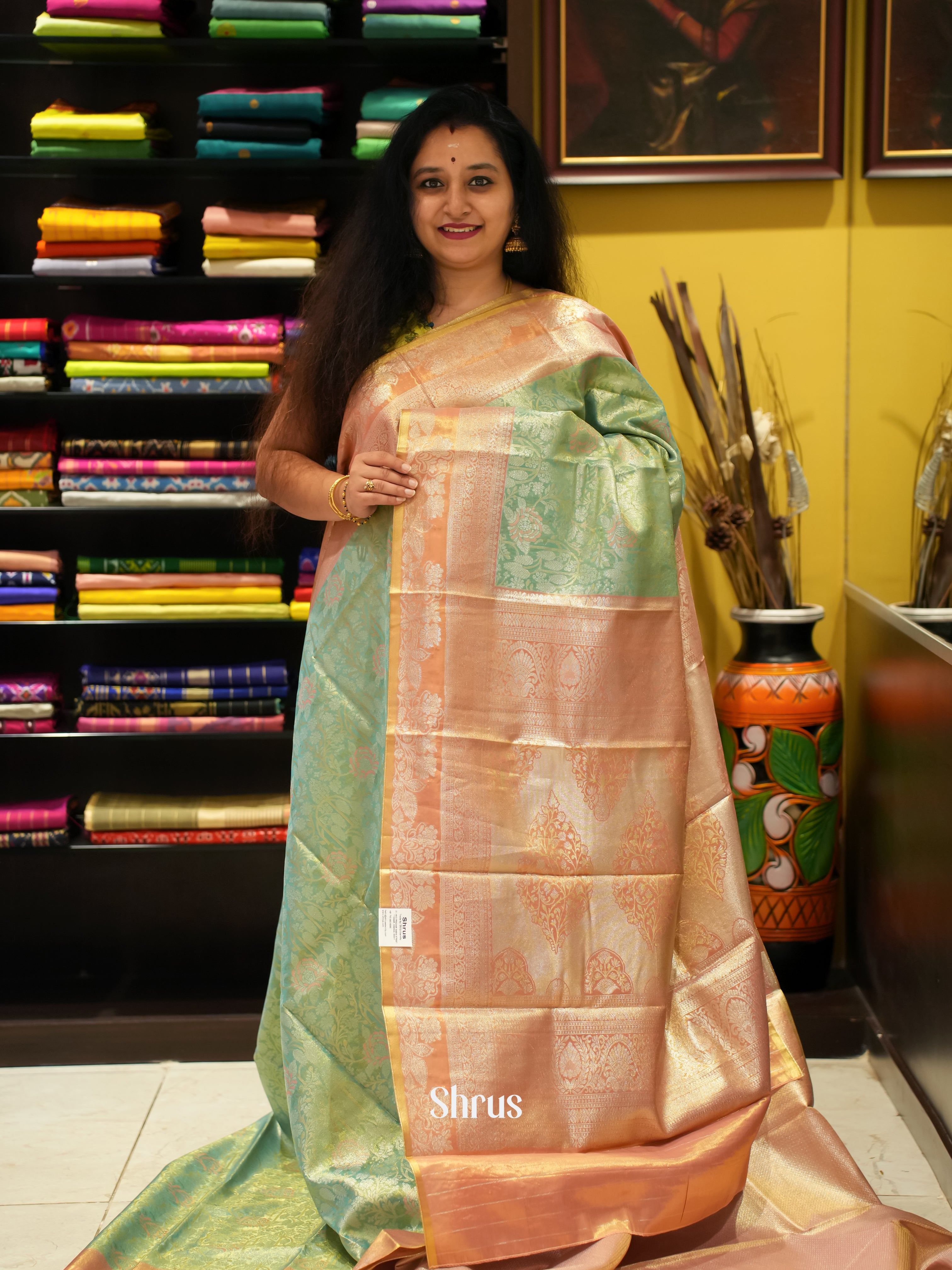 Green & Peach  - Kanchipuram-halfpure Saree