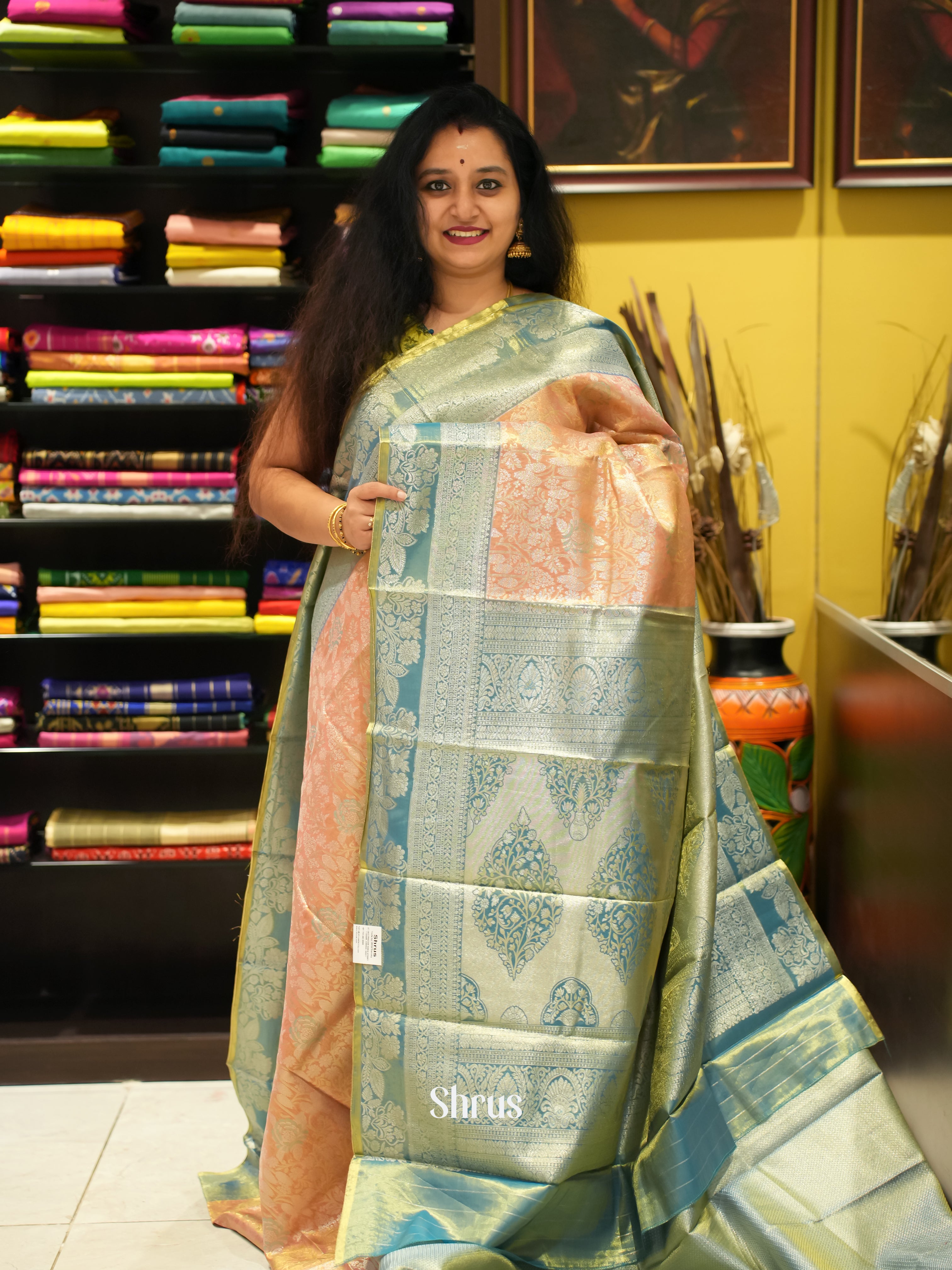 Peach & Teal- Kanchipuram silk half-pure Saree