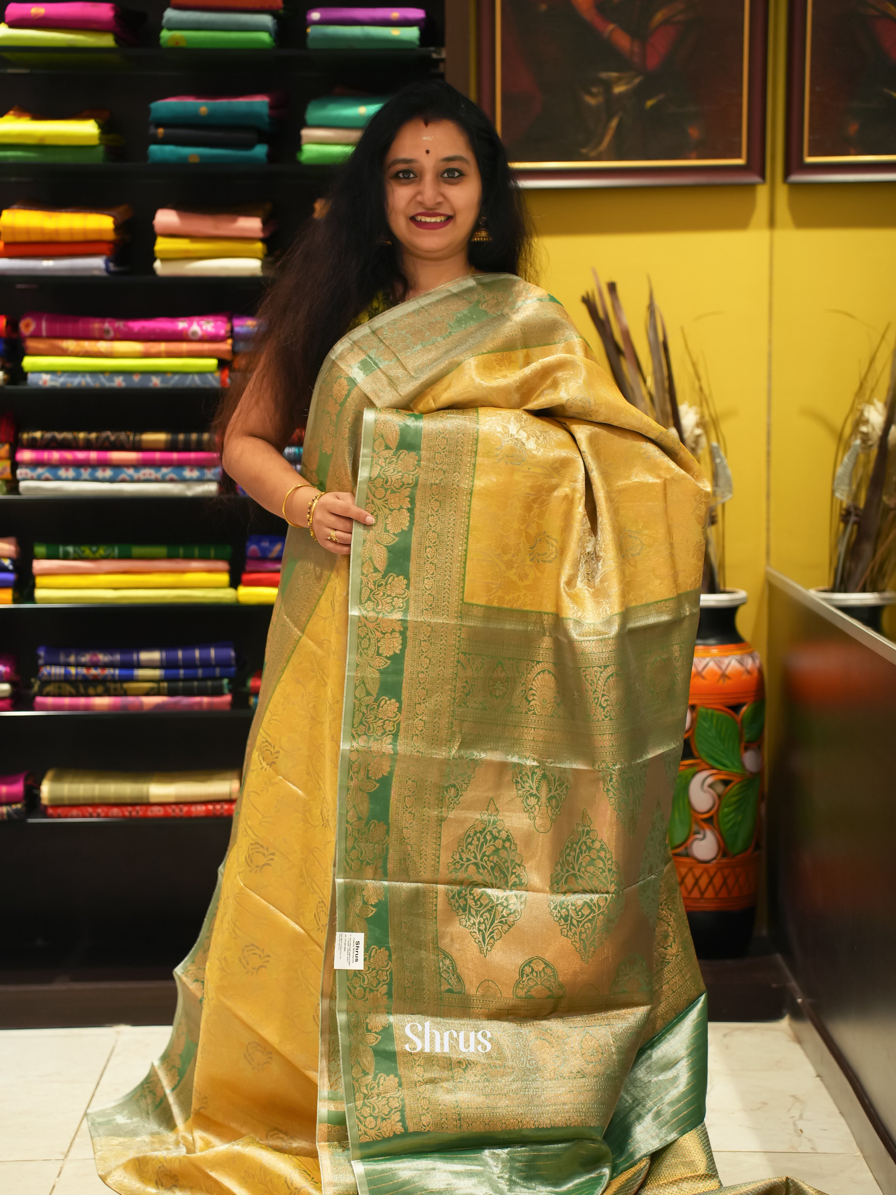 Yellow & Green - Kanchipuram-halfpure Saree