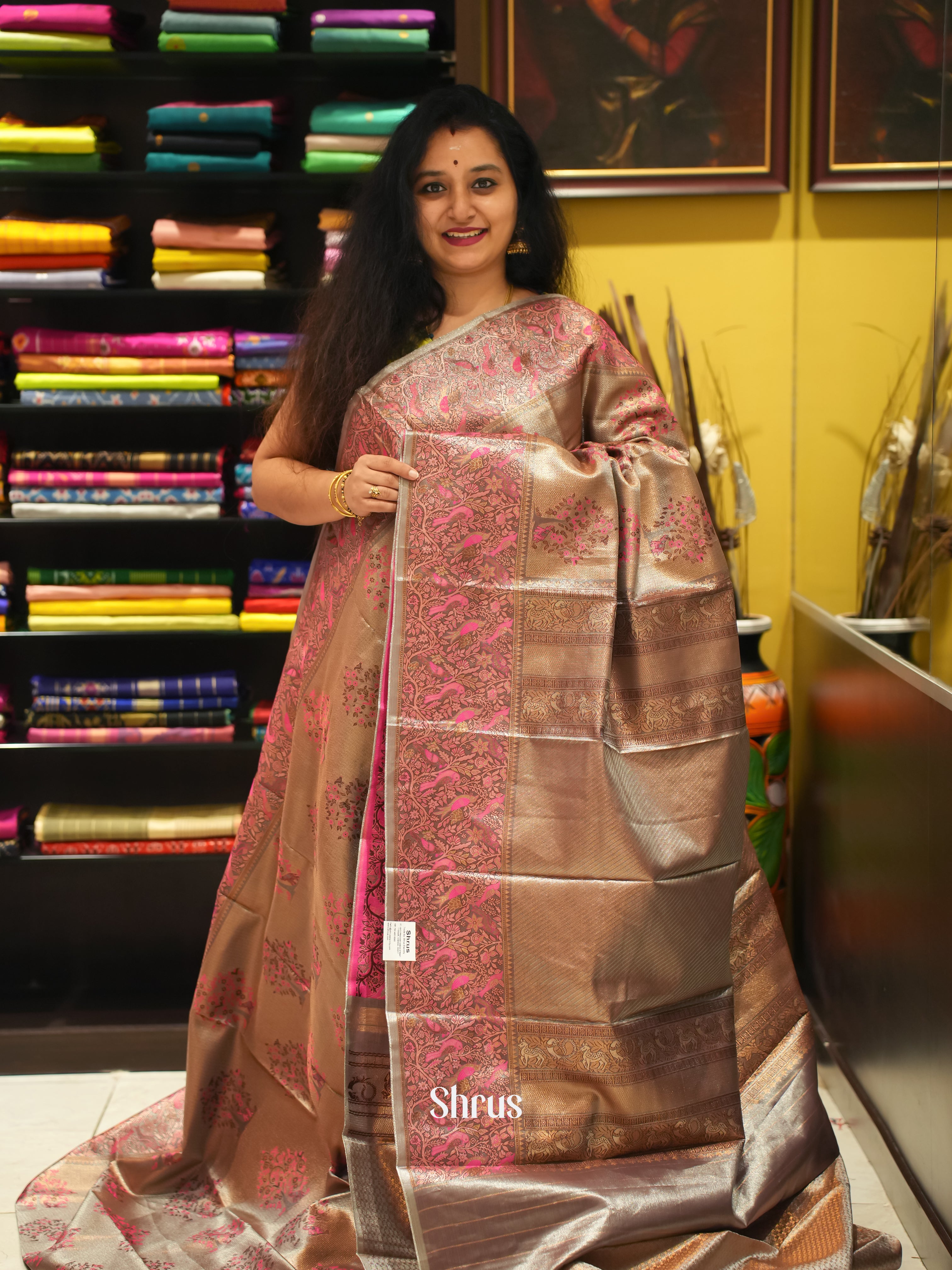 Grey & Pink - Kanchipuram-halfpure Saree