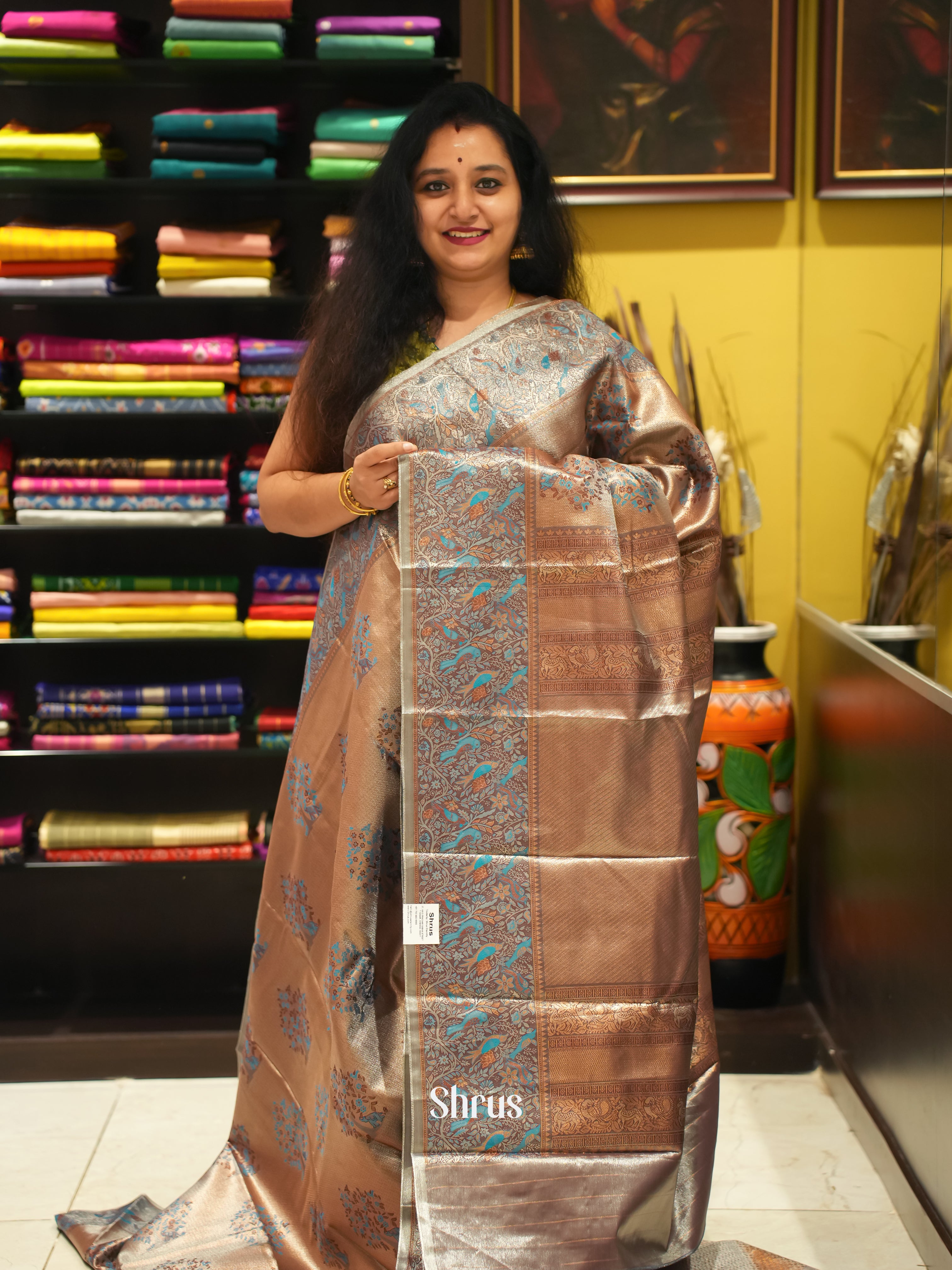 Brown & Blue- Kanchipuram-halfpure Saree