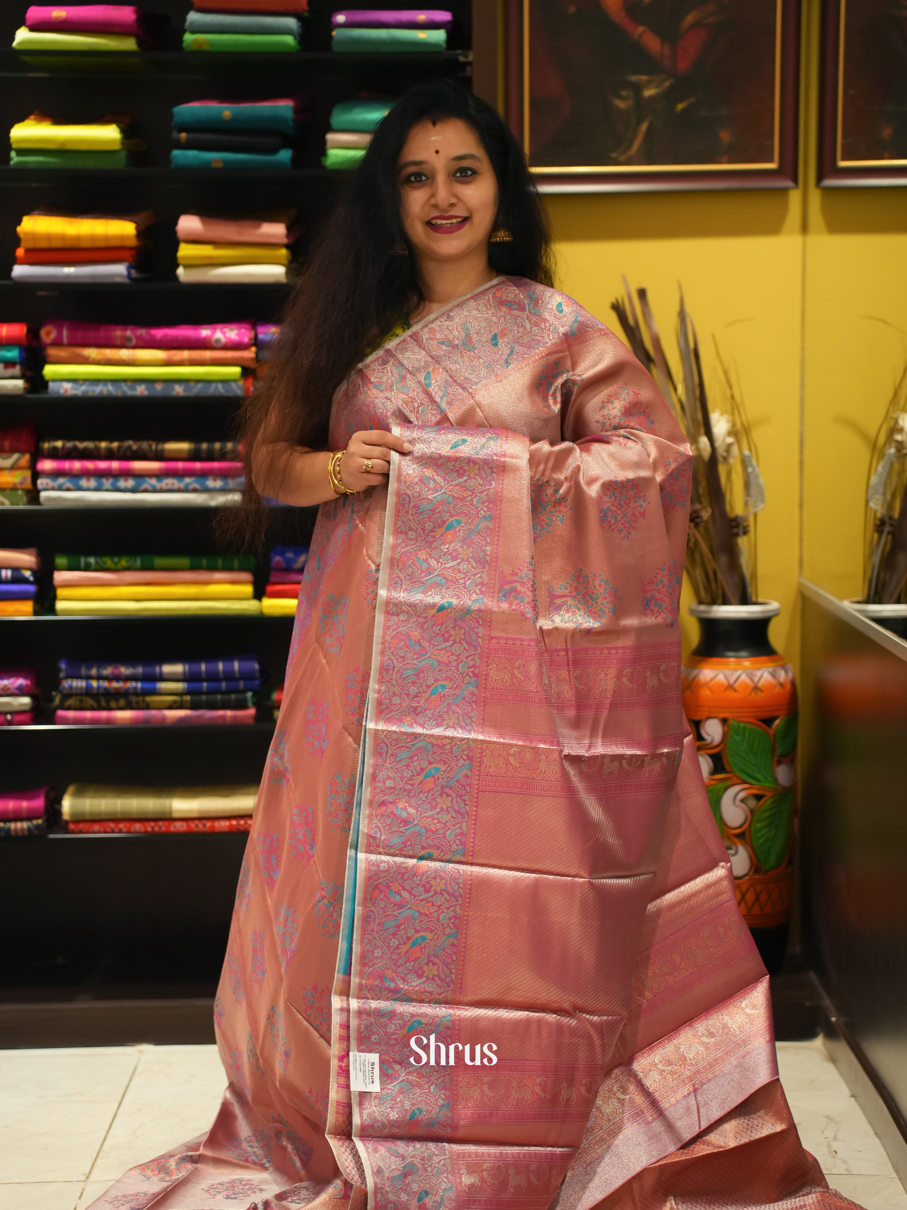 Pink & Blue - Kanchipuram-halfpure Saree