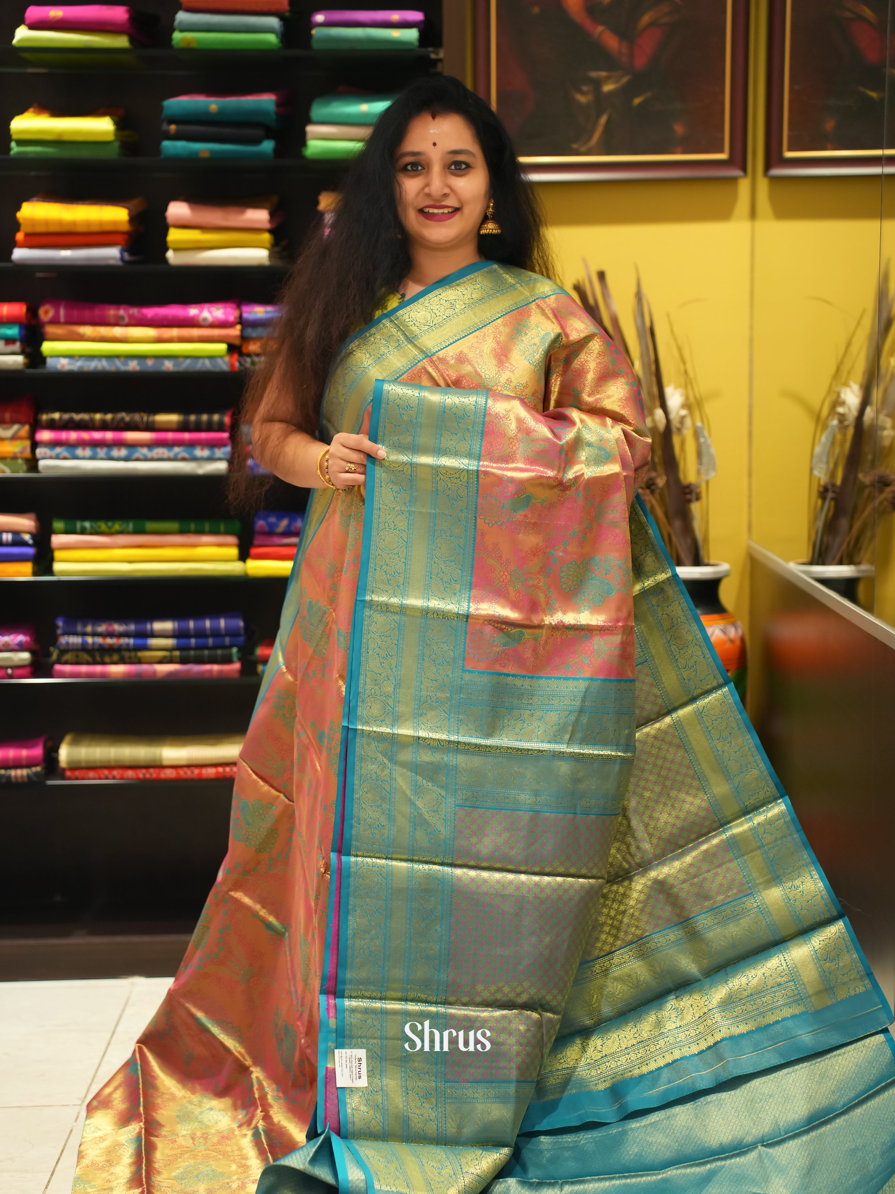 Pink & Blue - Kanchipuram-halfpure Saree