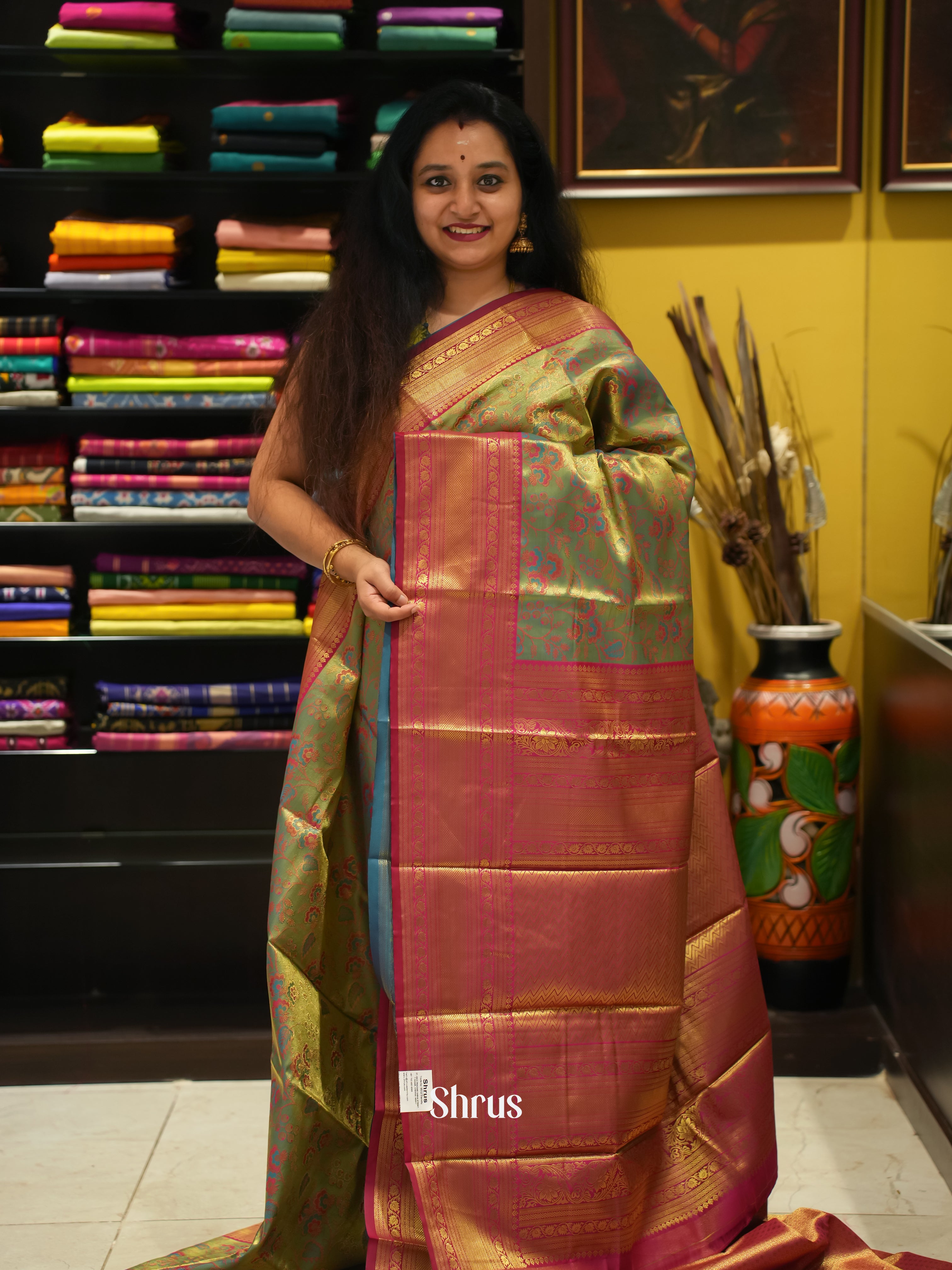 Green & Maroon - Kanchipuram-halfpure Saree