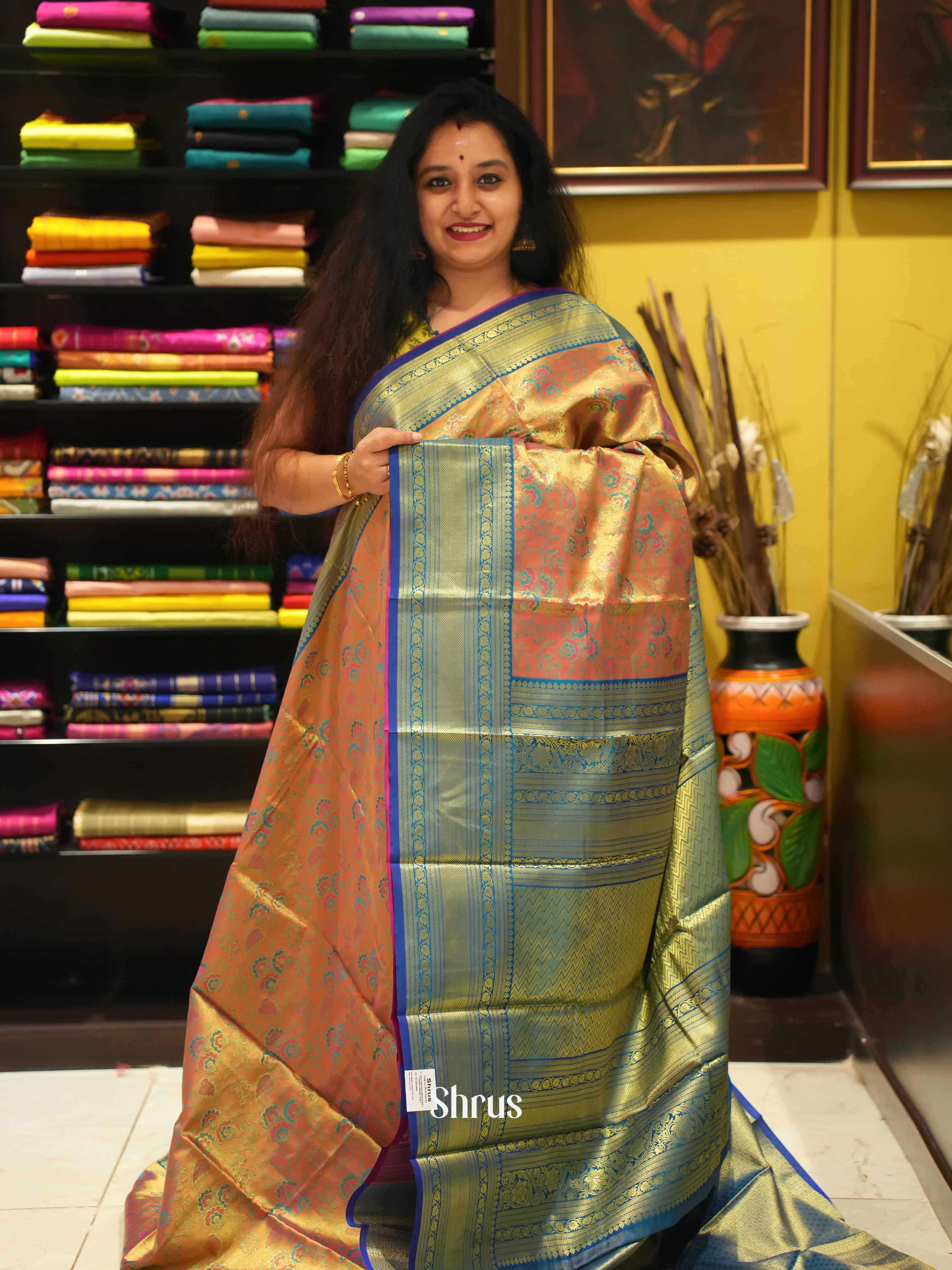 Orange & Blue- Kanchipuram-halfpure Saree