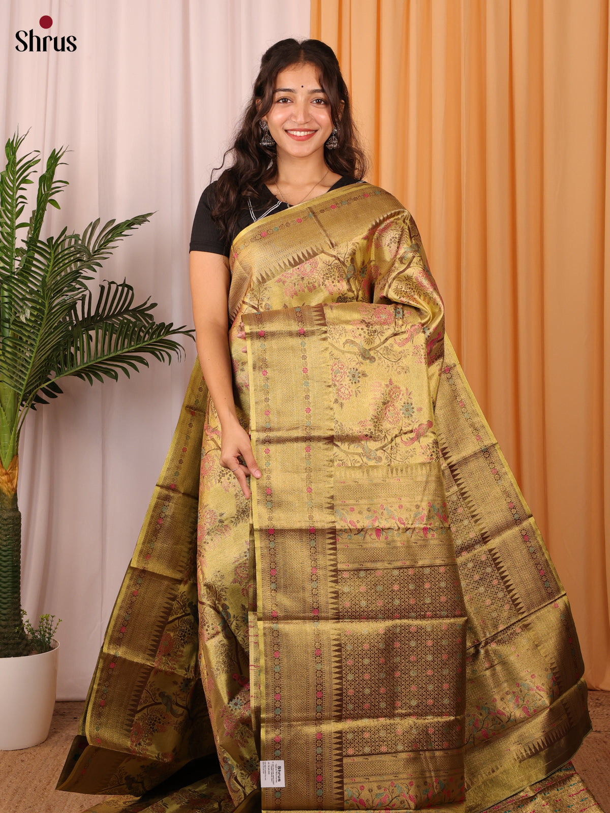 Golden - Kanchipuram-halfpure Saree