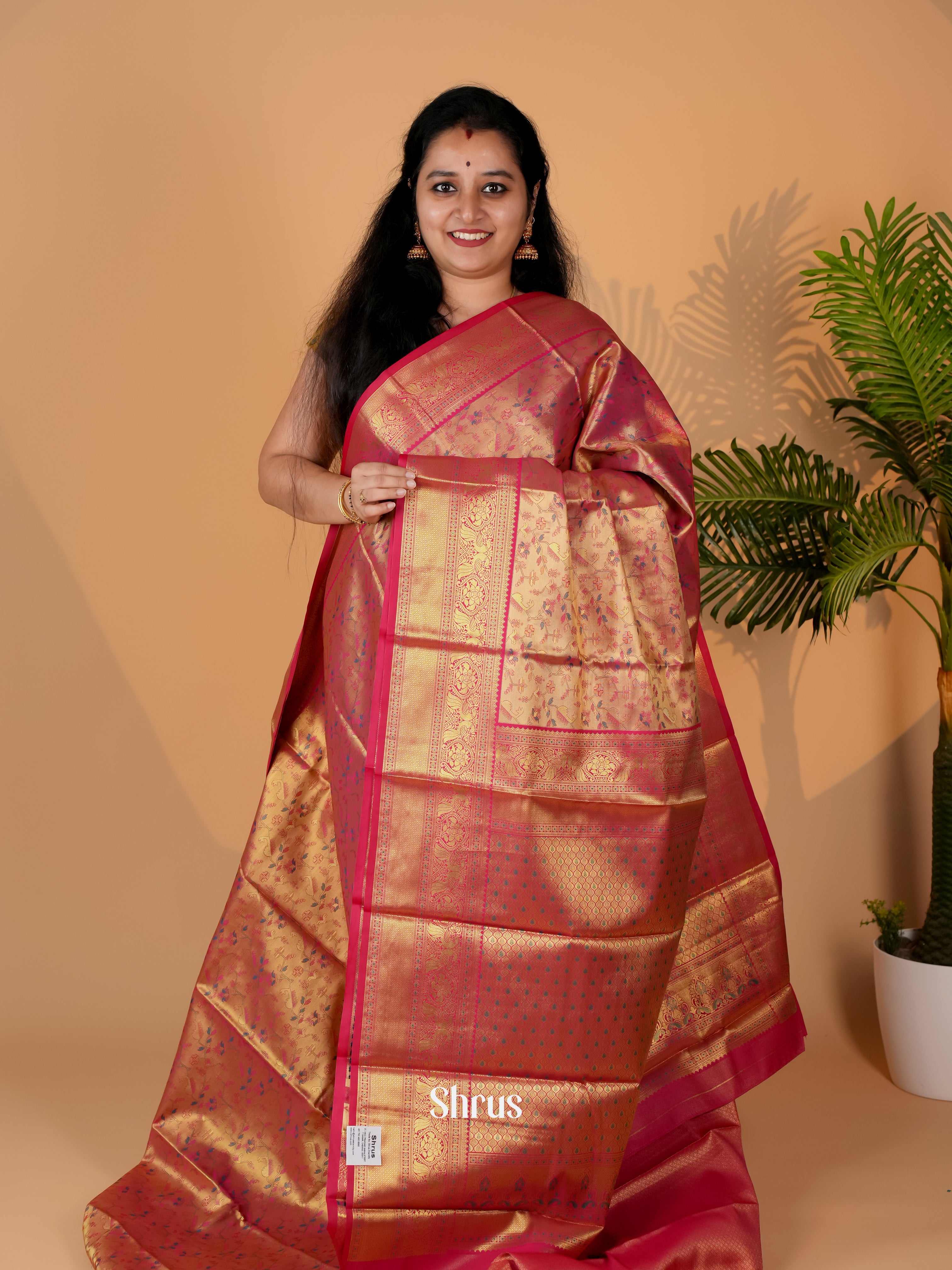 Gold & Pink- Kanchipuram-halfpure Saree