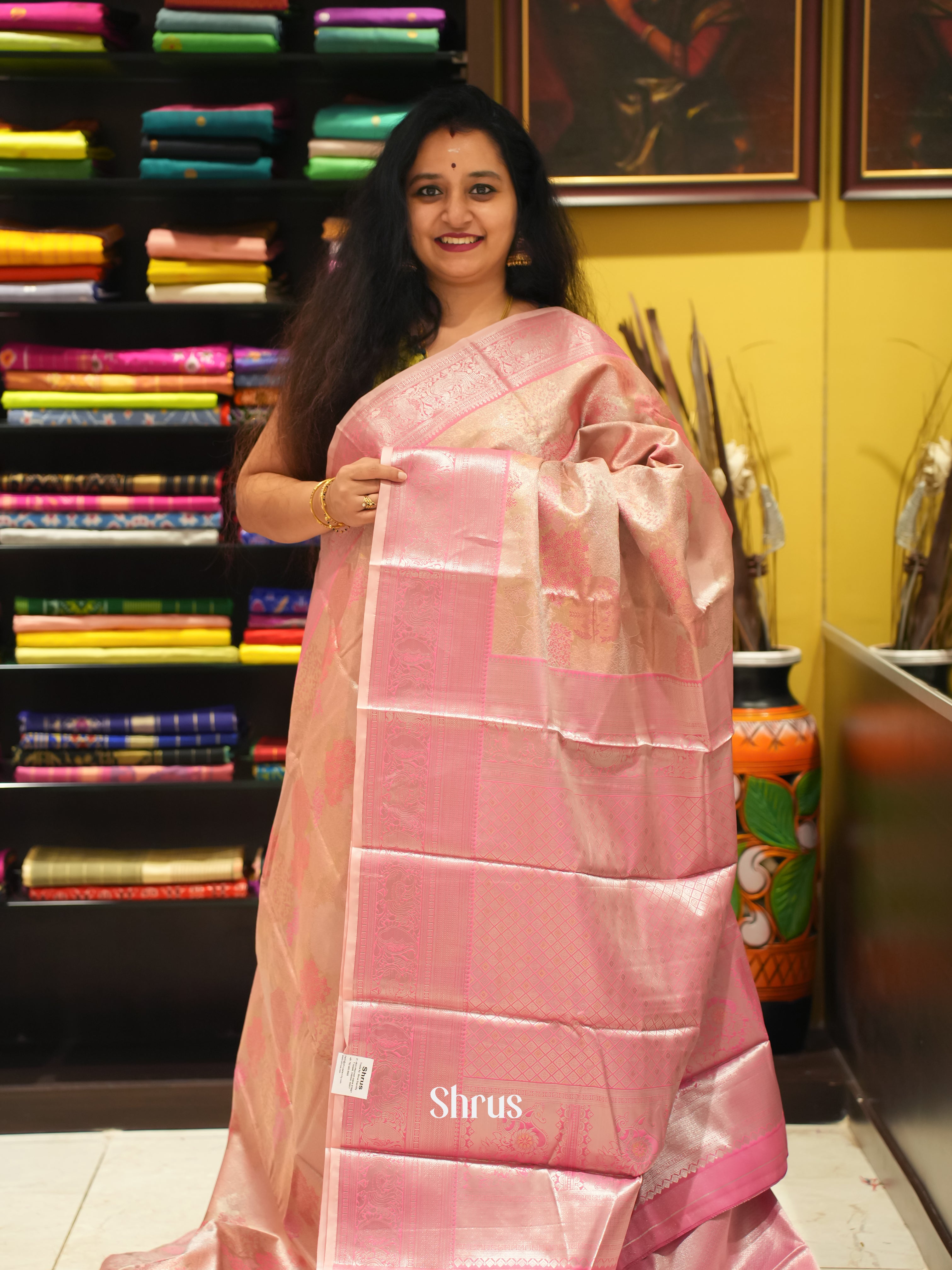 Cream & Pink - Kanchipuram-halfpure Saree