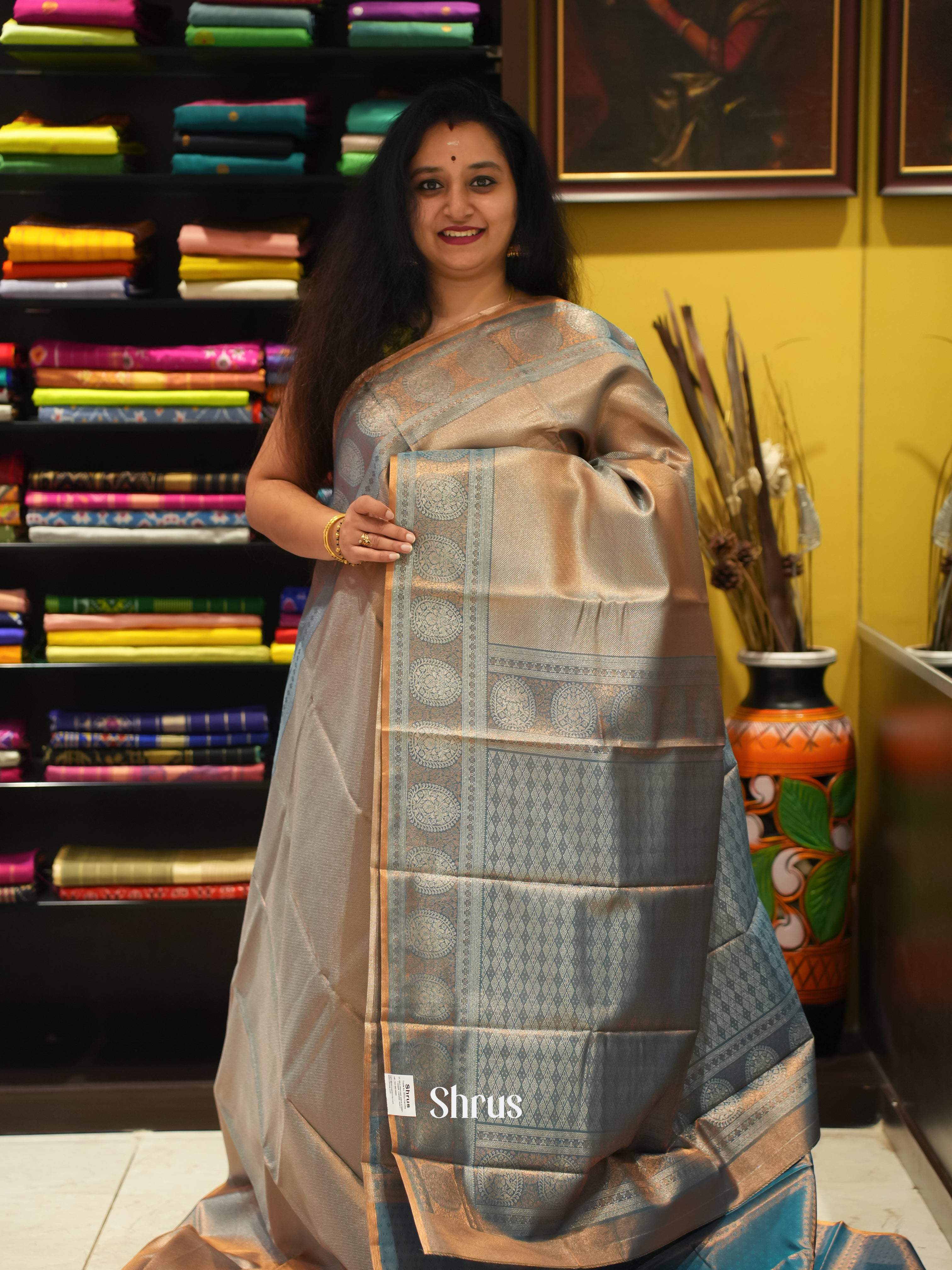 Grey & Blue - Kanchipuram-halfpure Saree