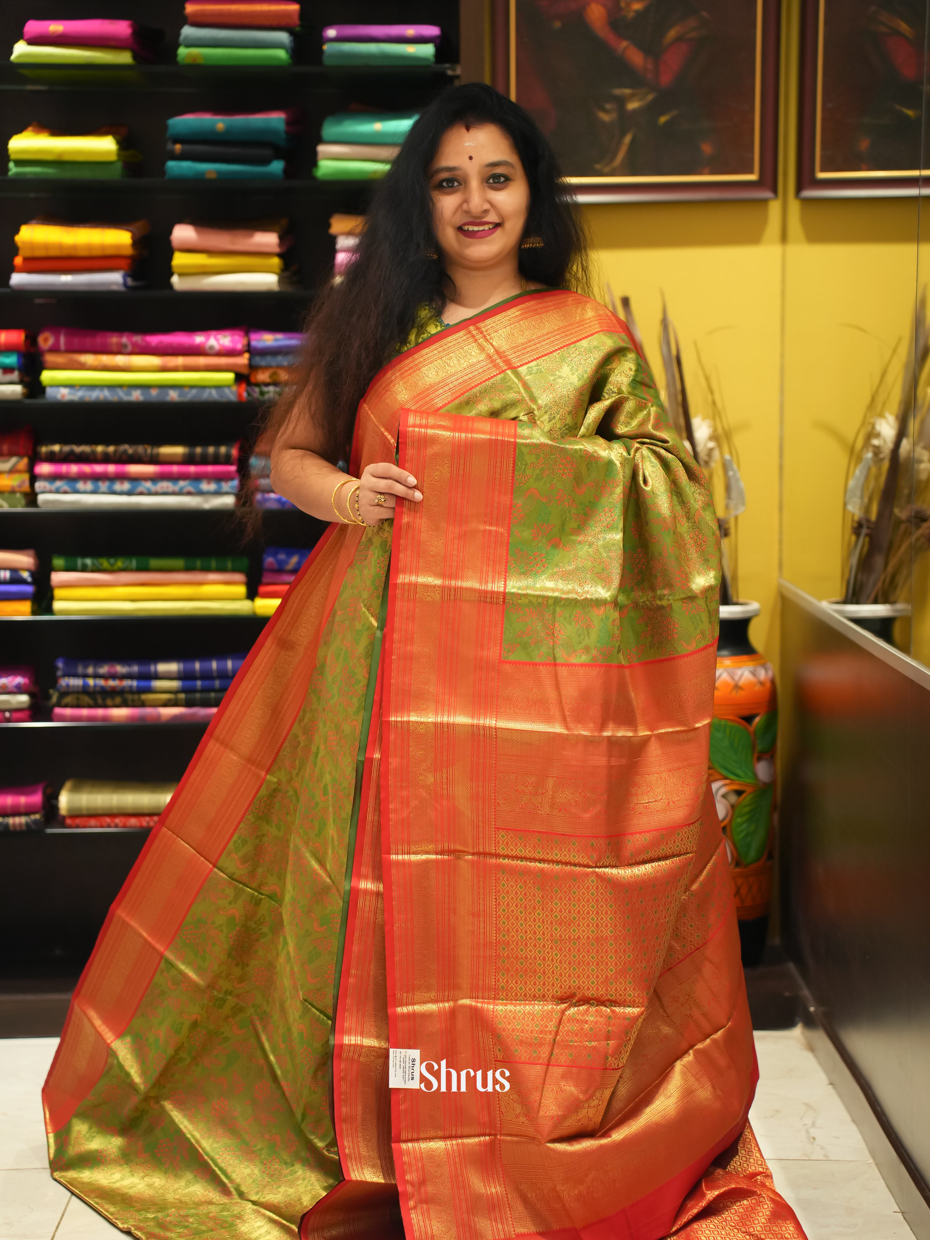 Green & Red  - Kanchipuram-halfpure Saree