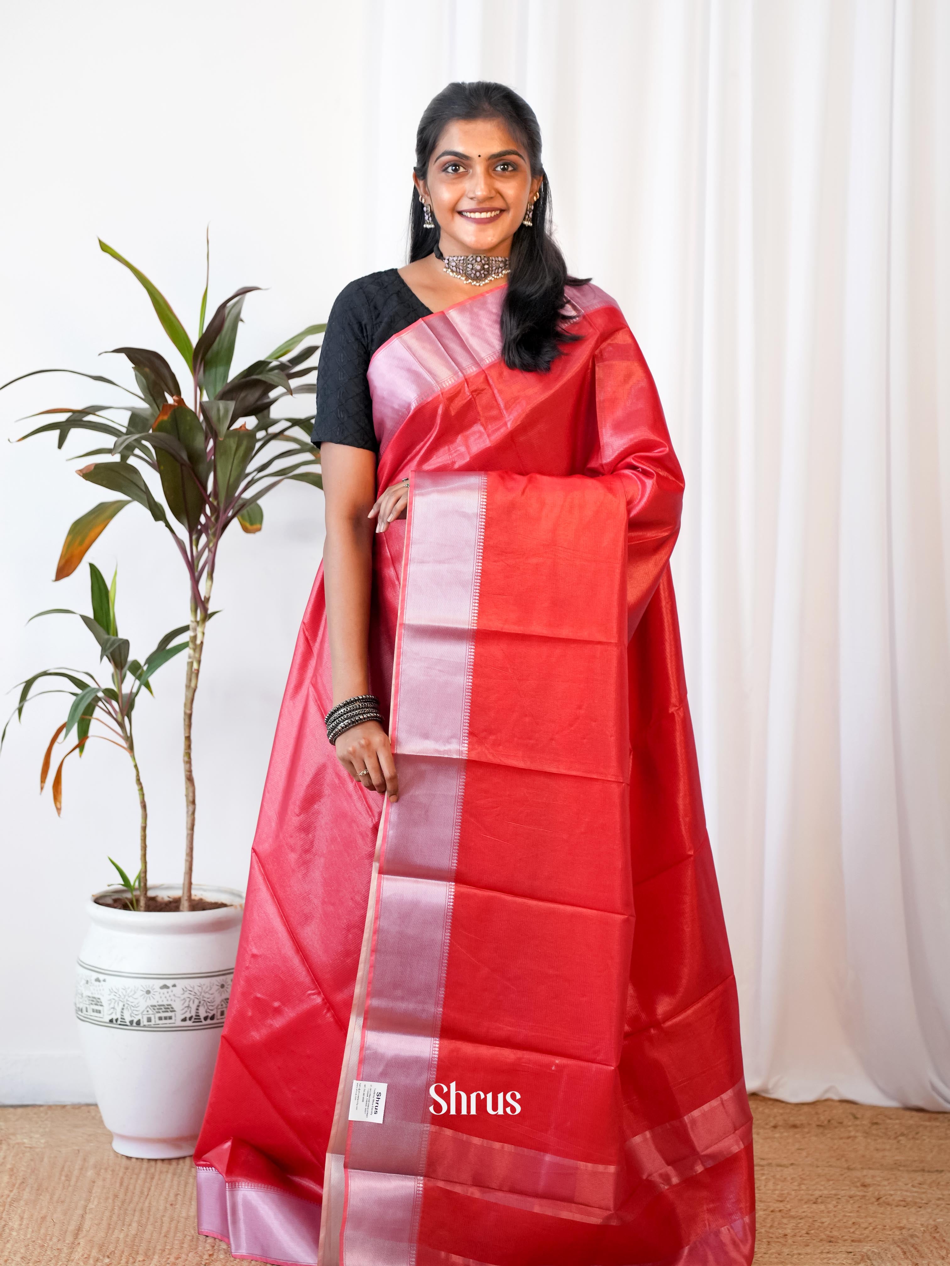 Red - Printed Tussar Saree