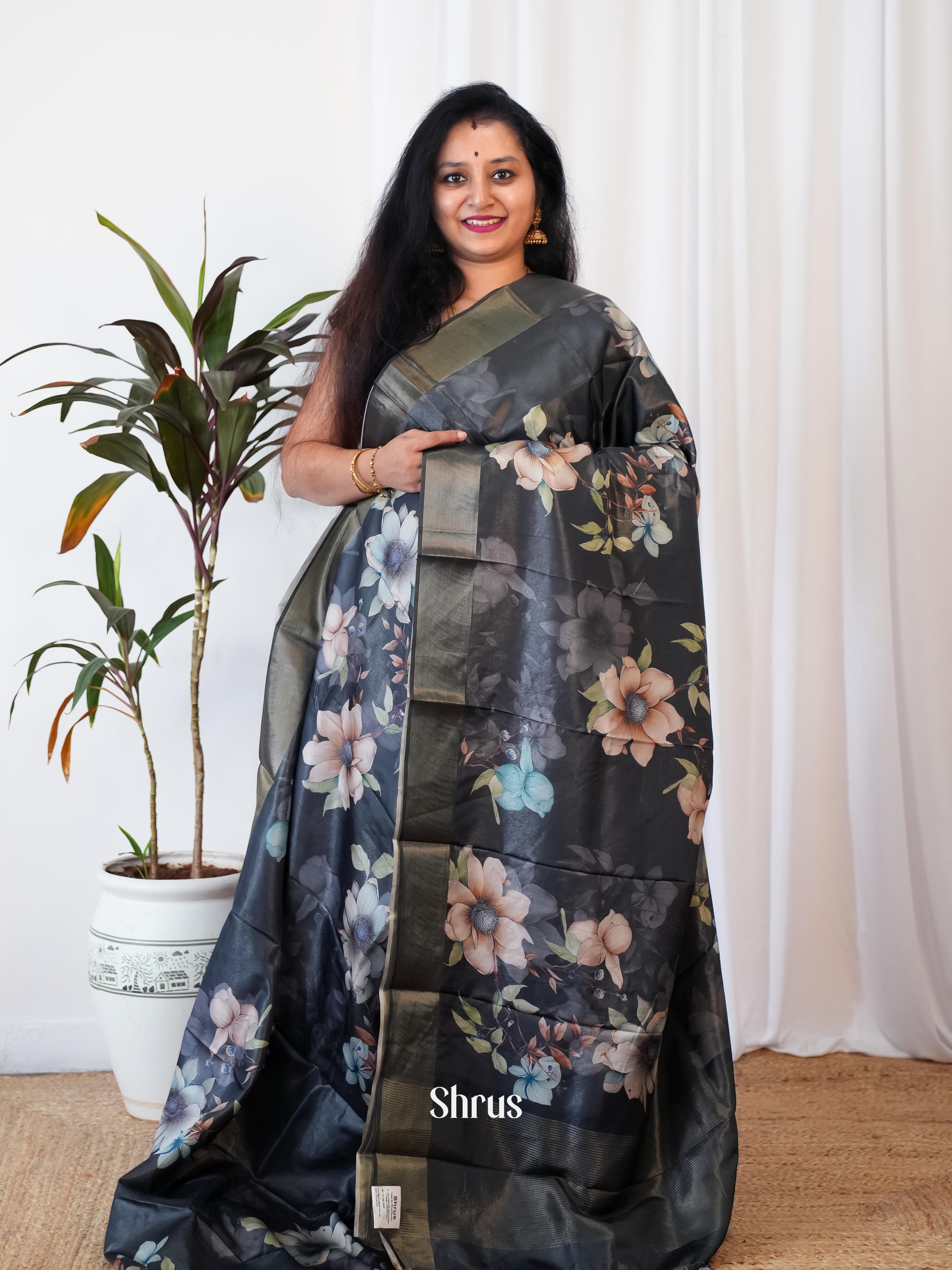 Black - Printed Tussar Saree