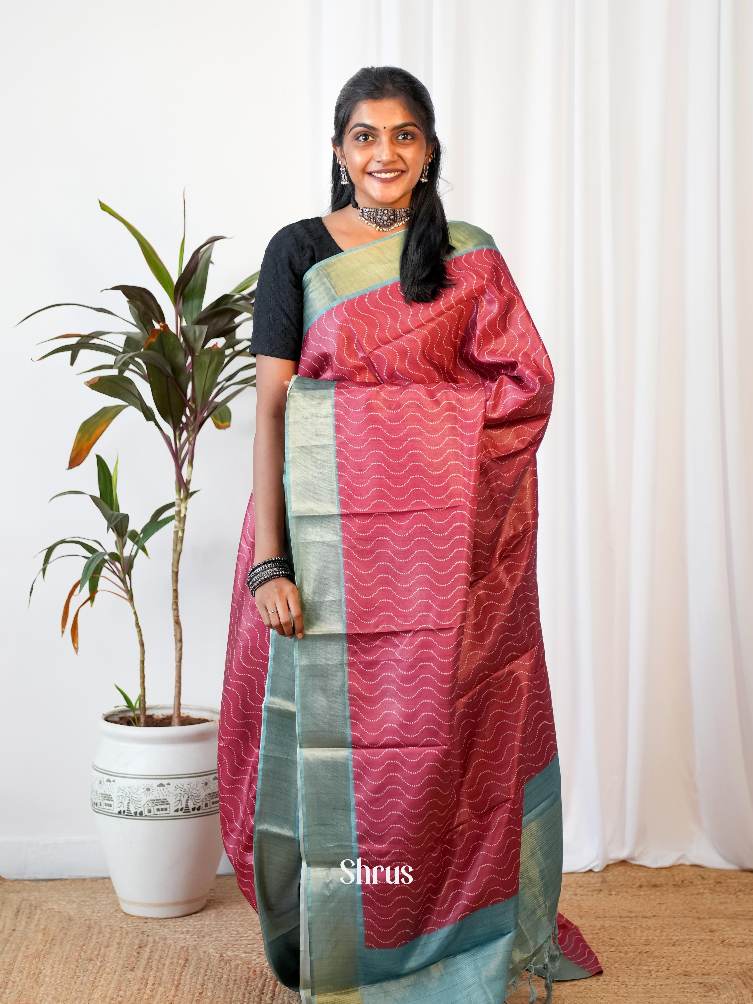 Red & Grey - Printed Tussar Saree