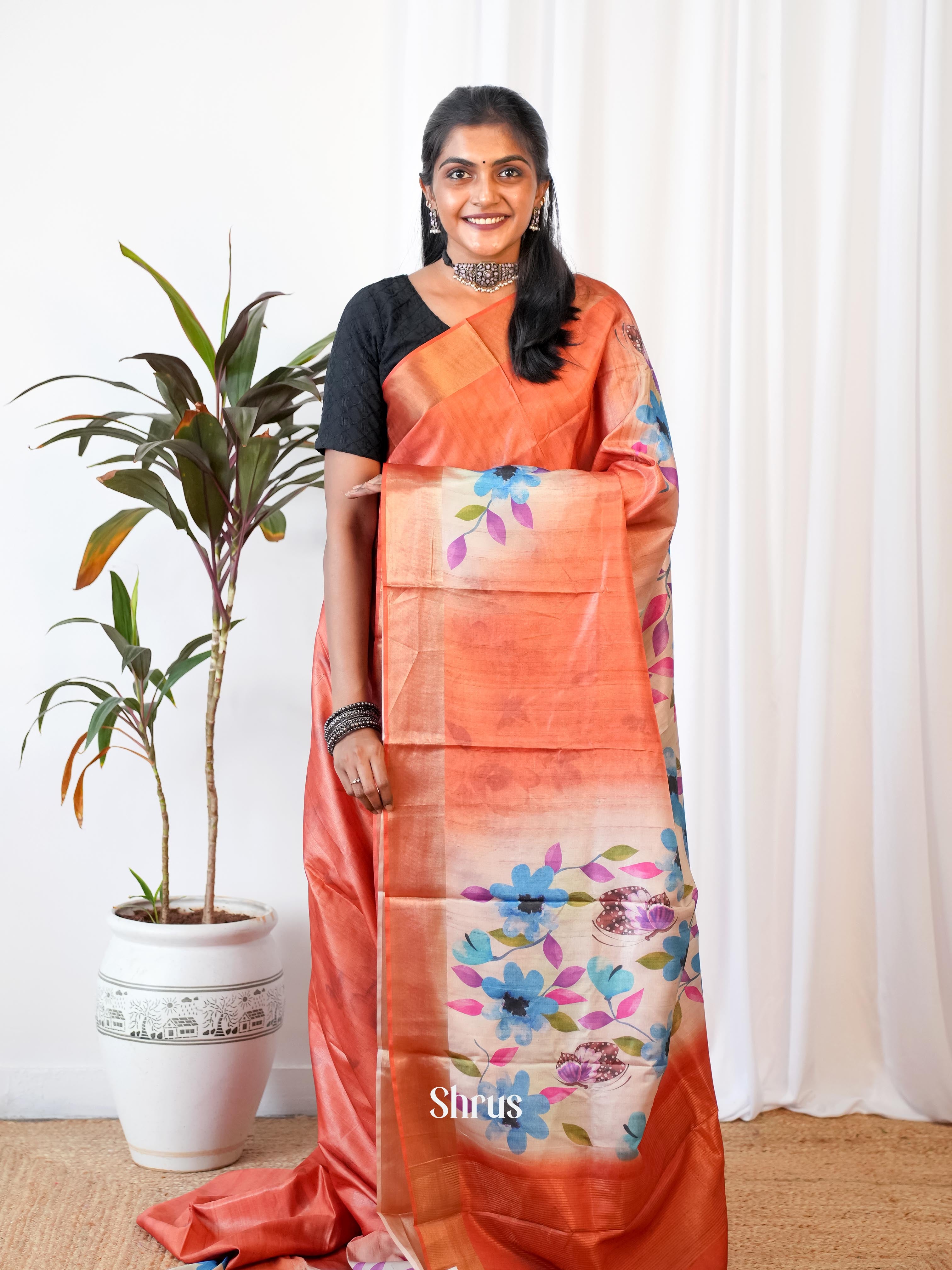 Red - Printed Tussar Saree