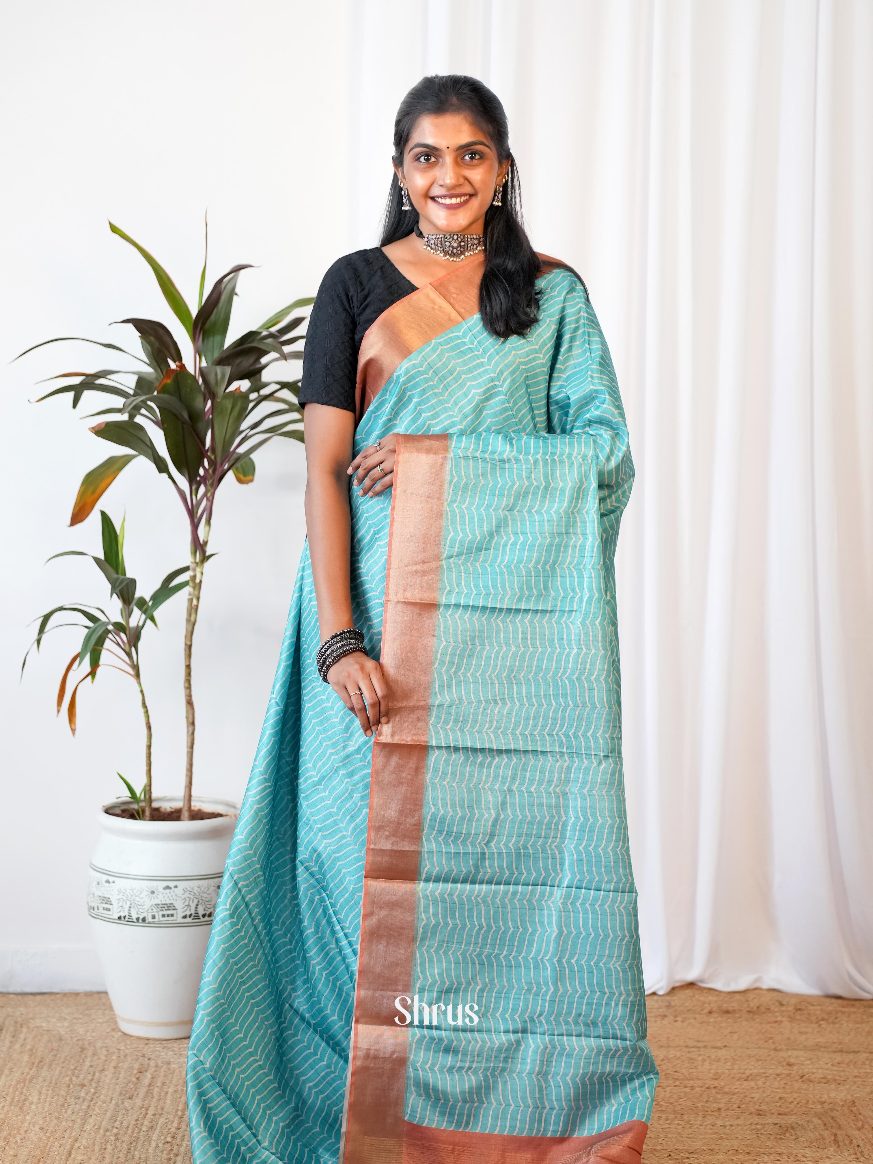 Blue & Brown - Printed Tussar Saree