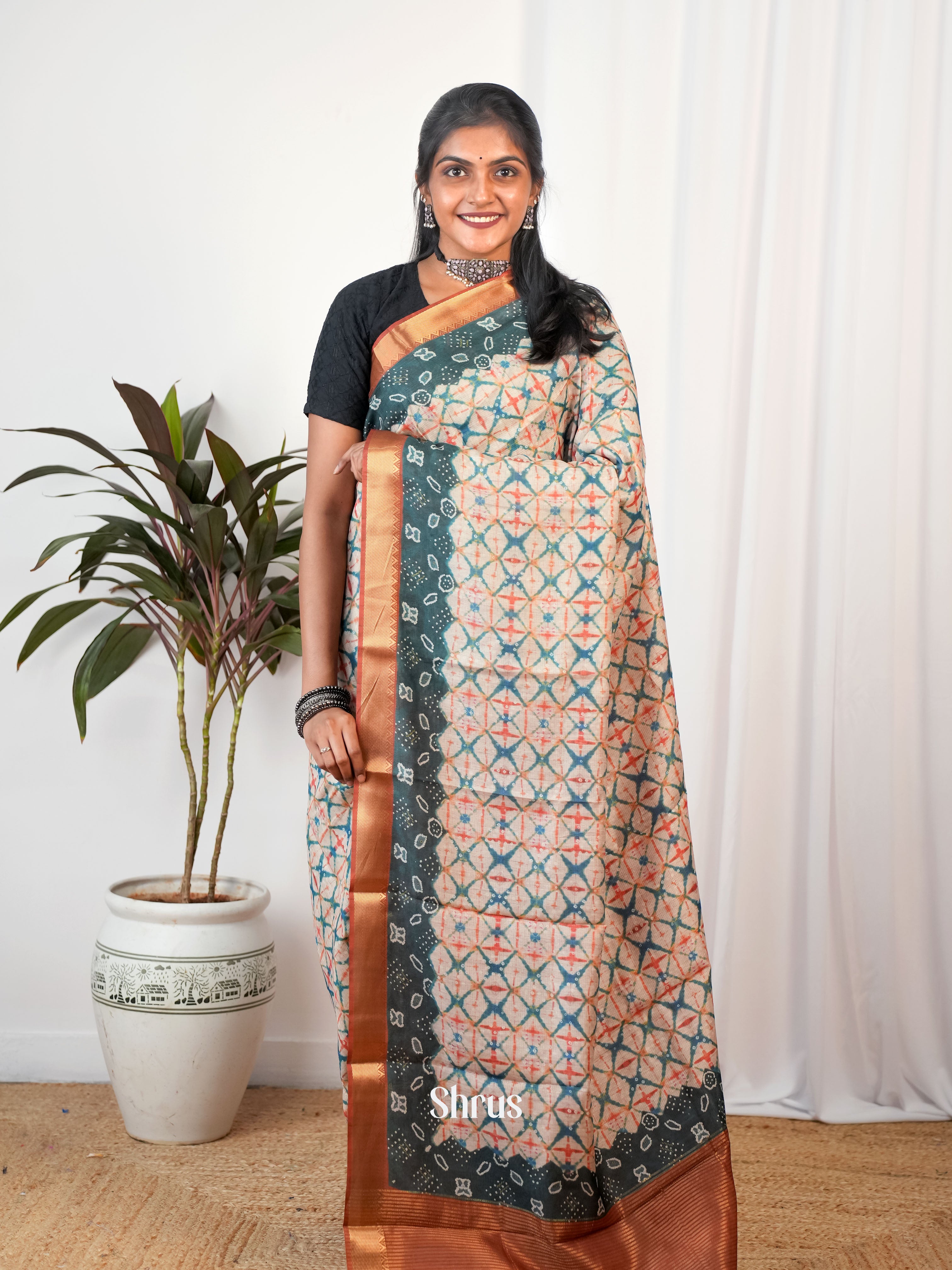 Cream & Brown - Semi Chanderi Saree