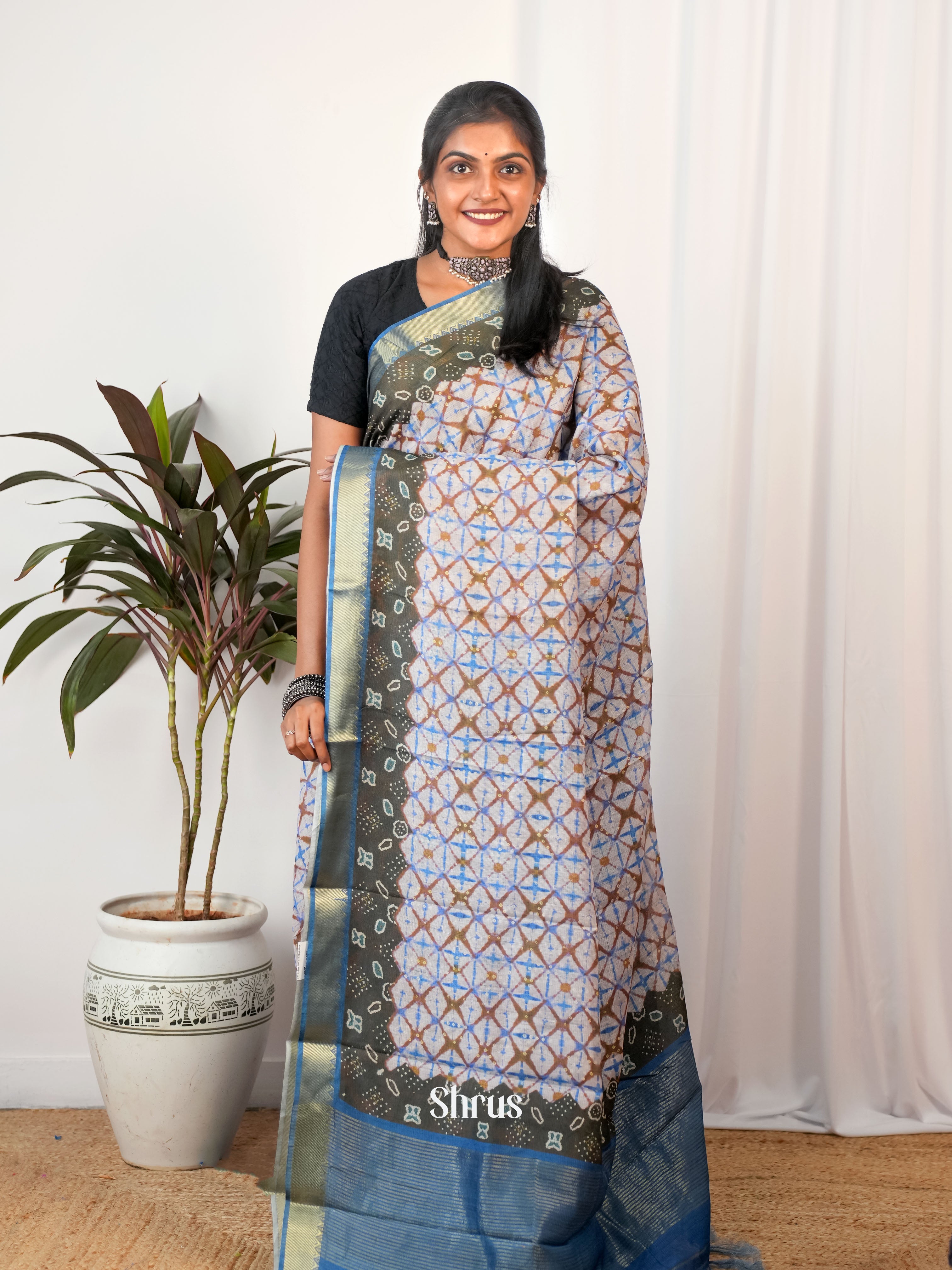 Cream & Blue- Semi Chanderi Saree