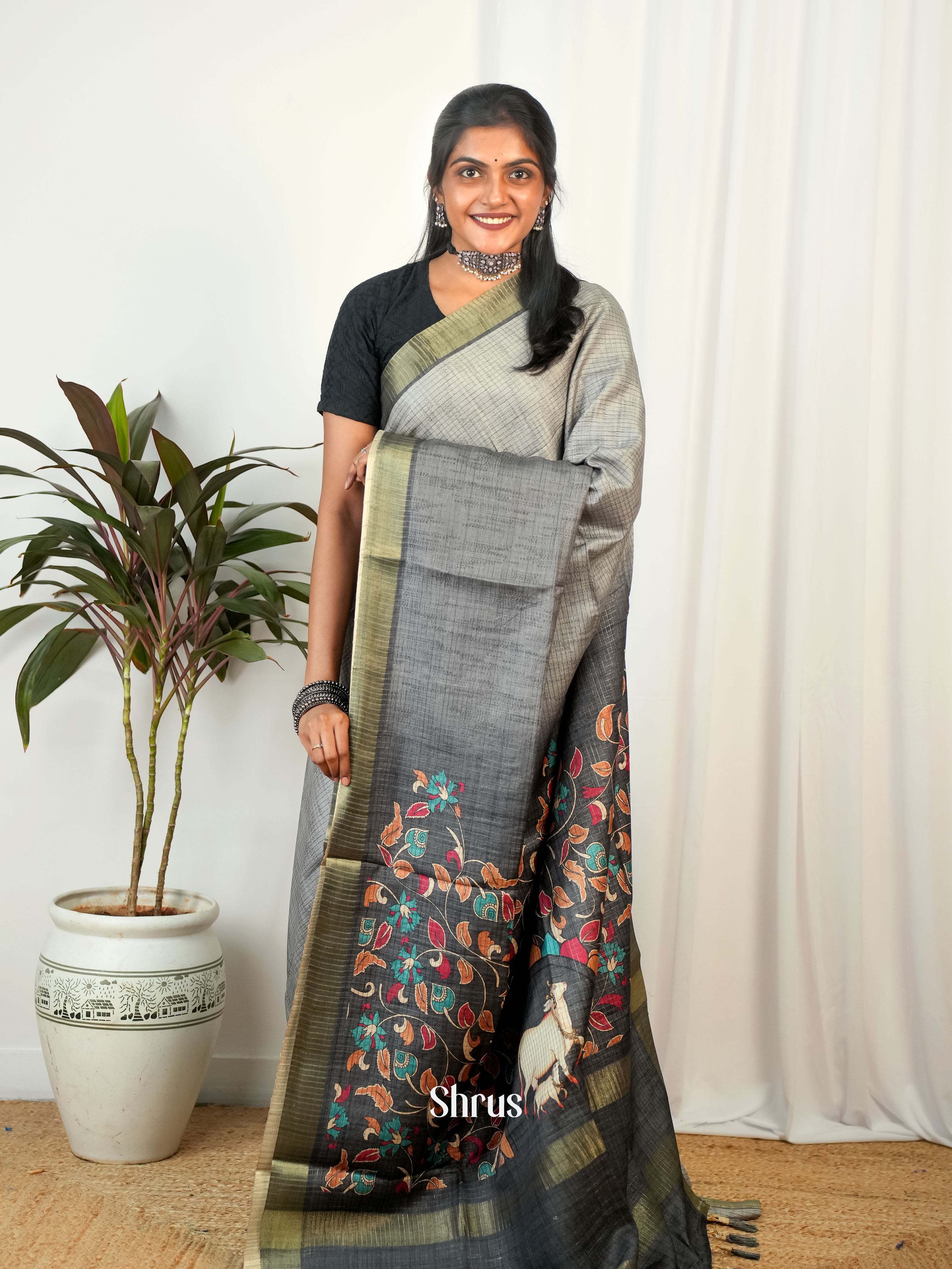 Grey & Black - Semi Tussar Saree