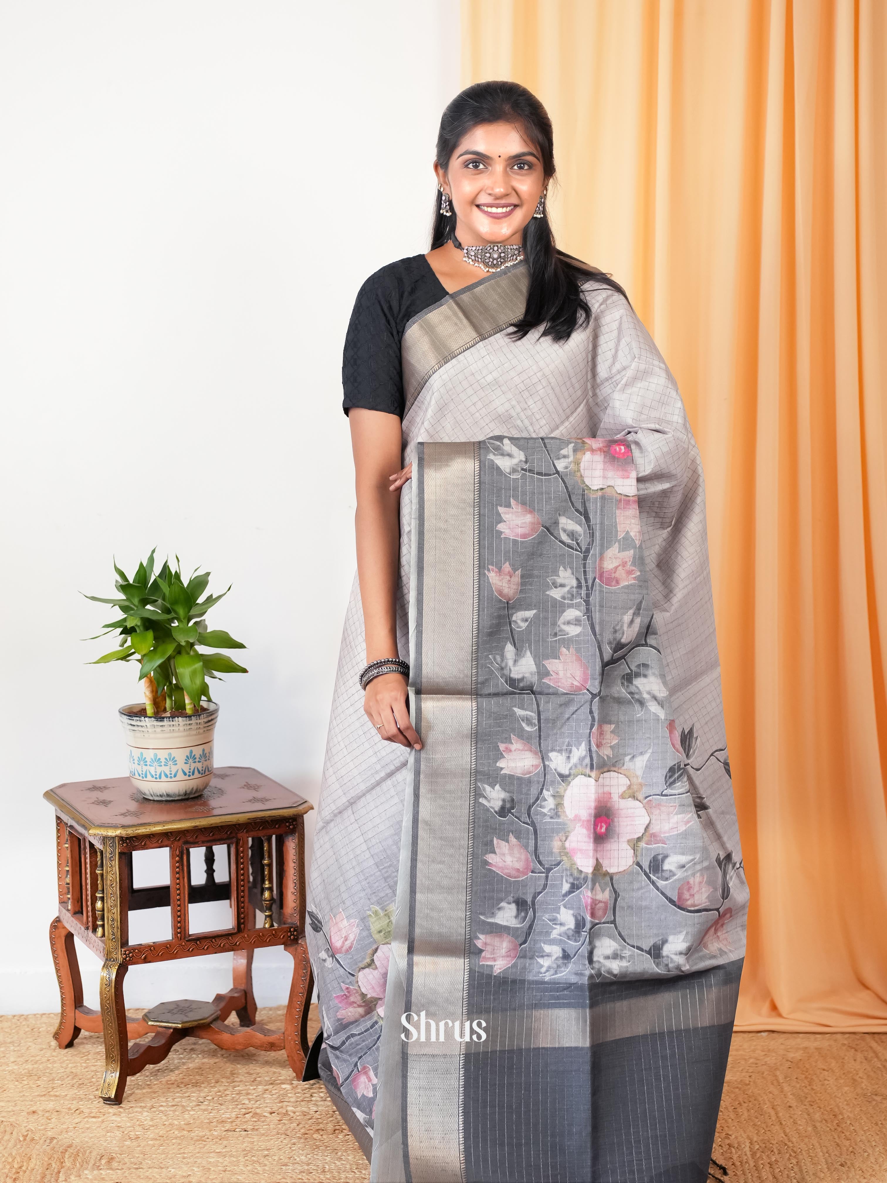 Lite & Dark Grey - Semi Tussar Saree