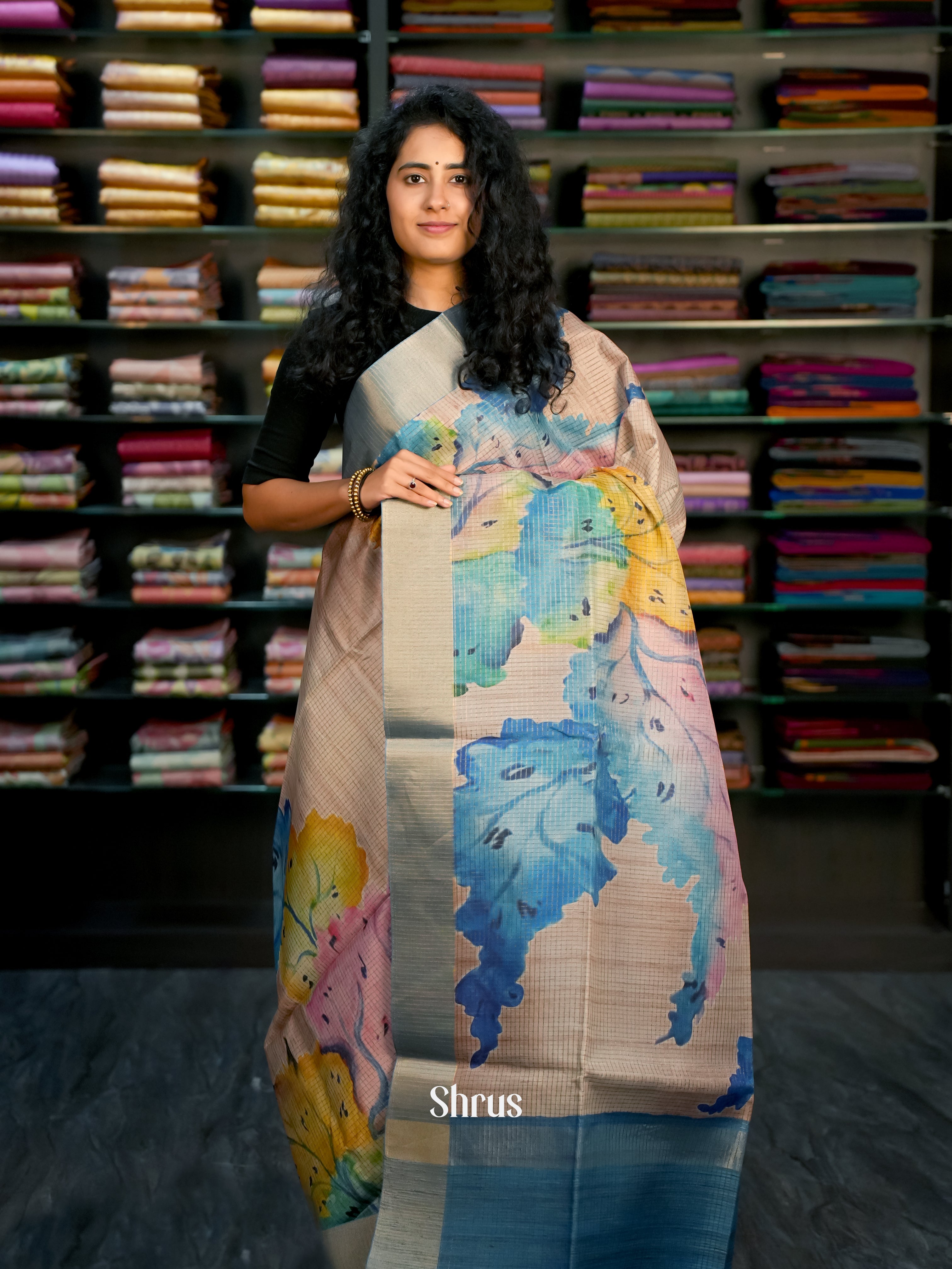 Brown,Yellow  & Blue  - Semi Tussar Saree