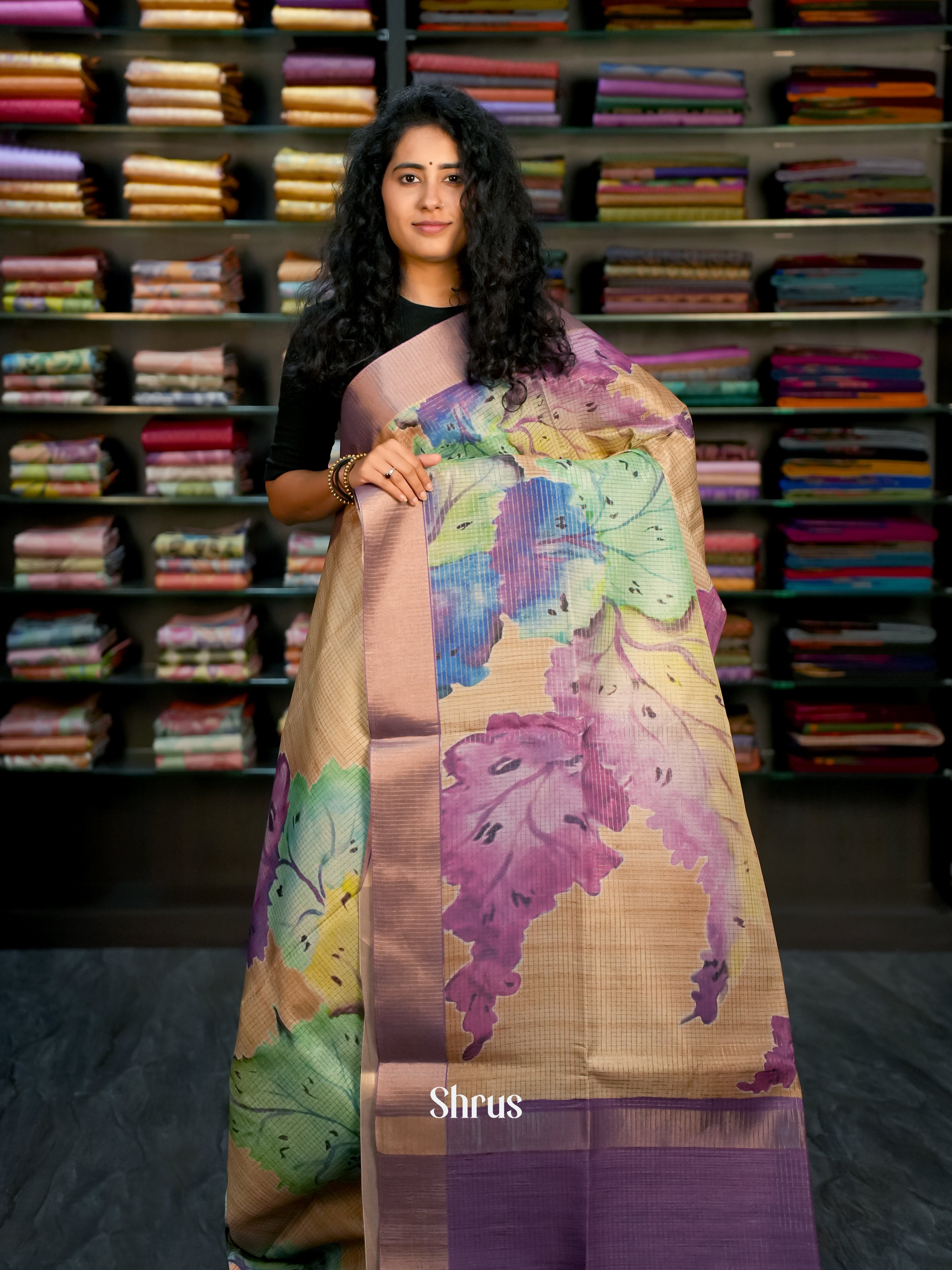 Green , Purple & Brown  - Semi Tussar Saree