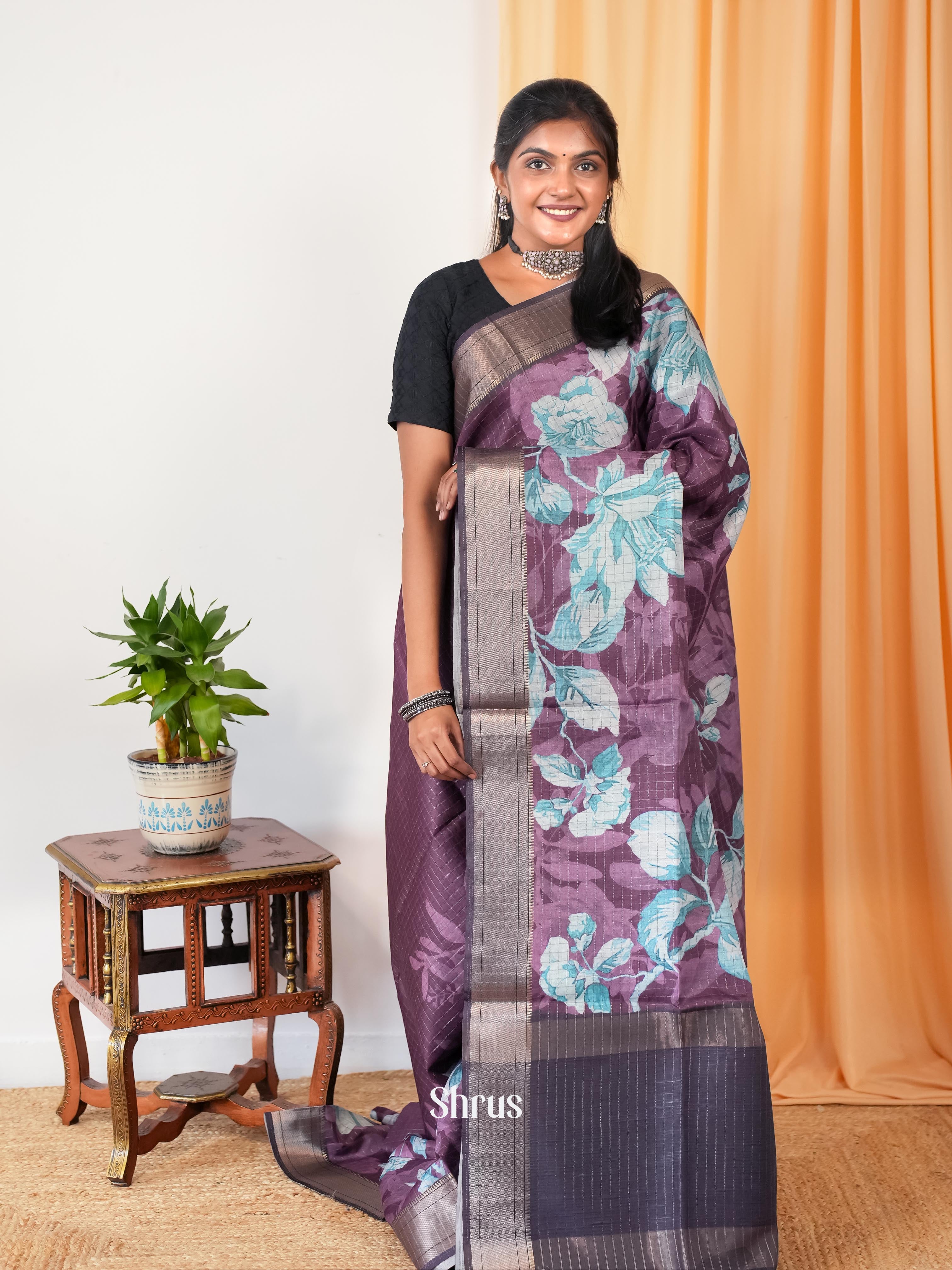 Purple & Grey - Semi Tussar Saree