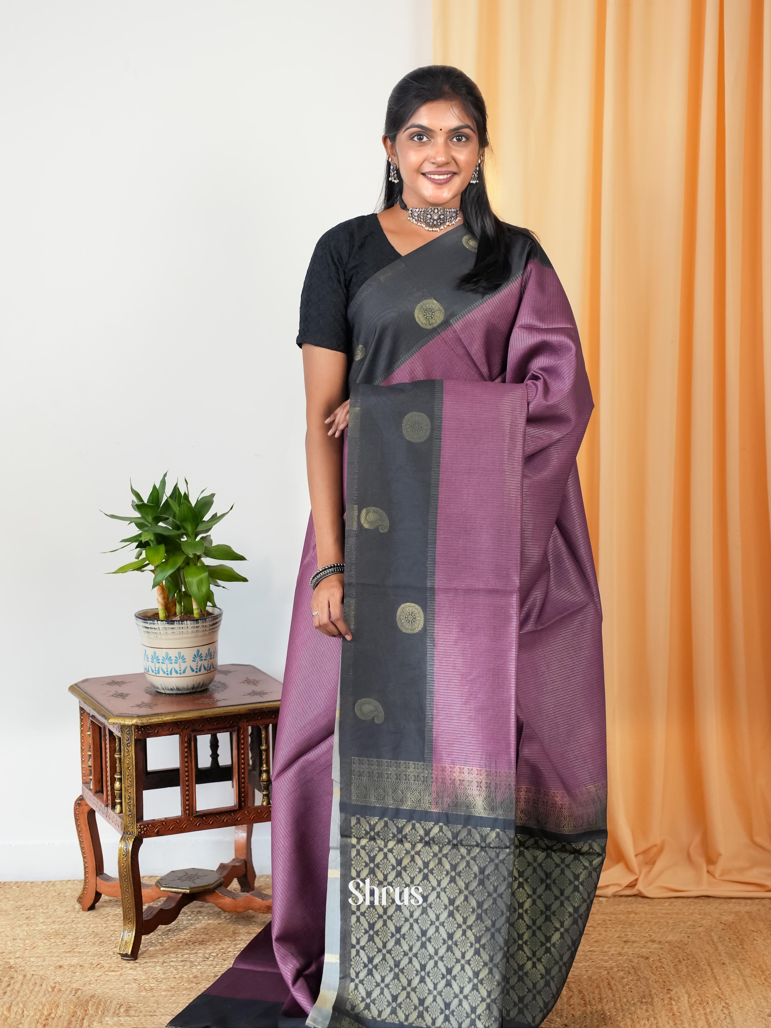 Purple &  Grey - Semi Tussar Saree