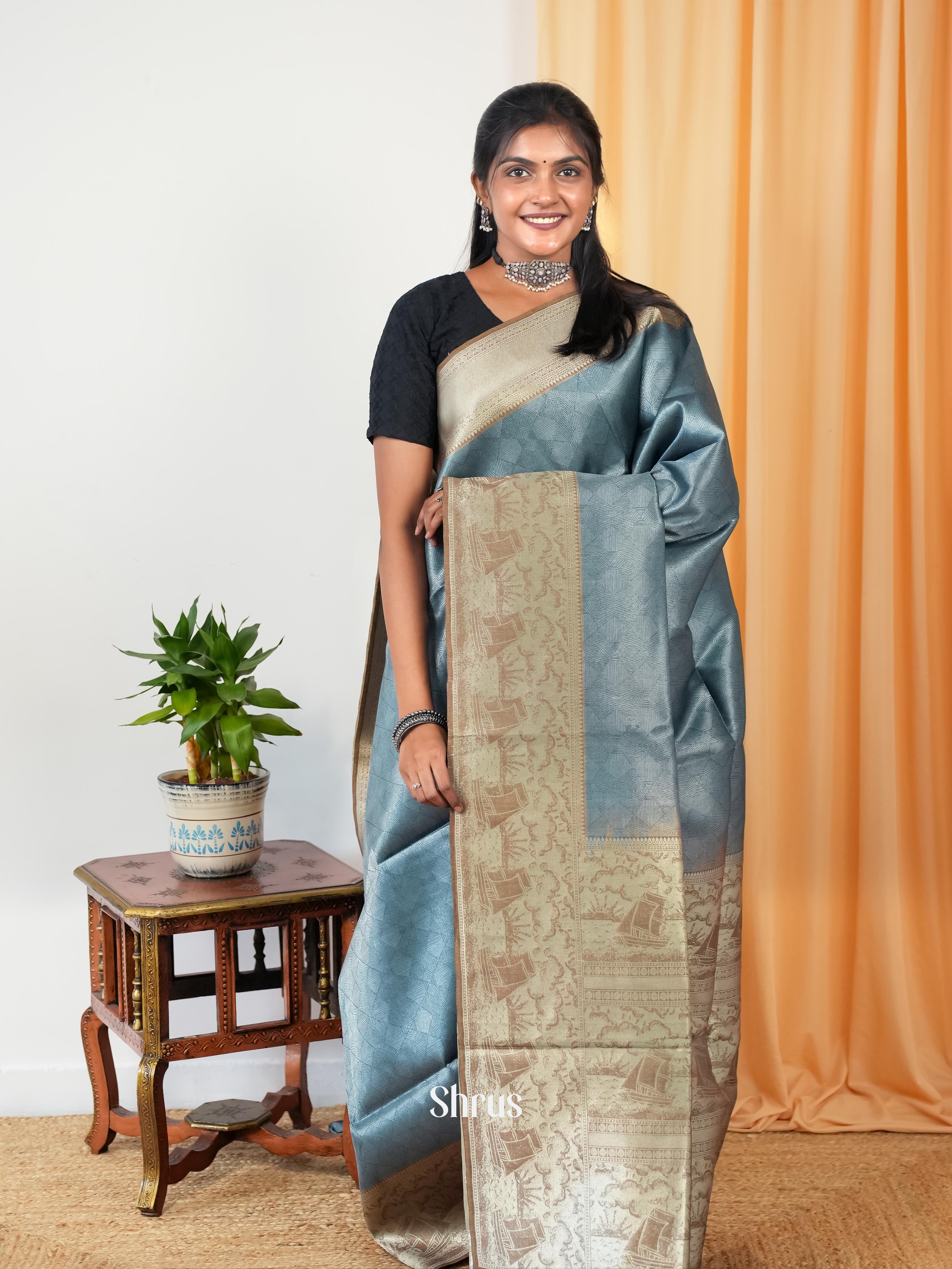 Grey & Brown - Semi Tussar Saree