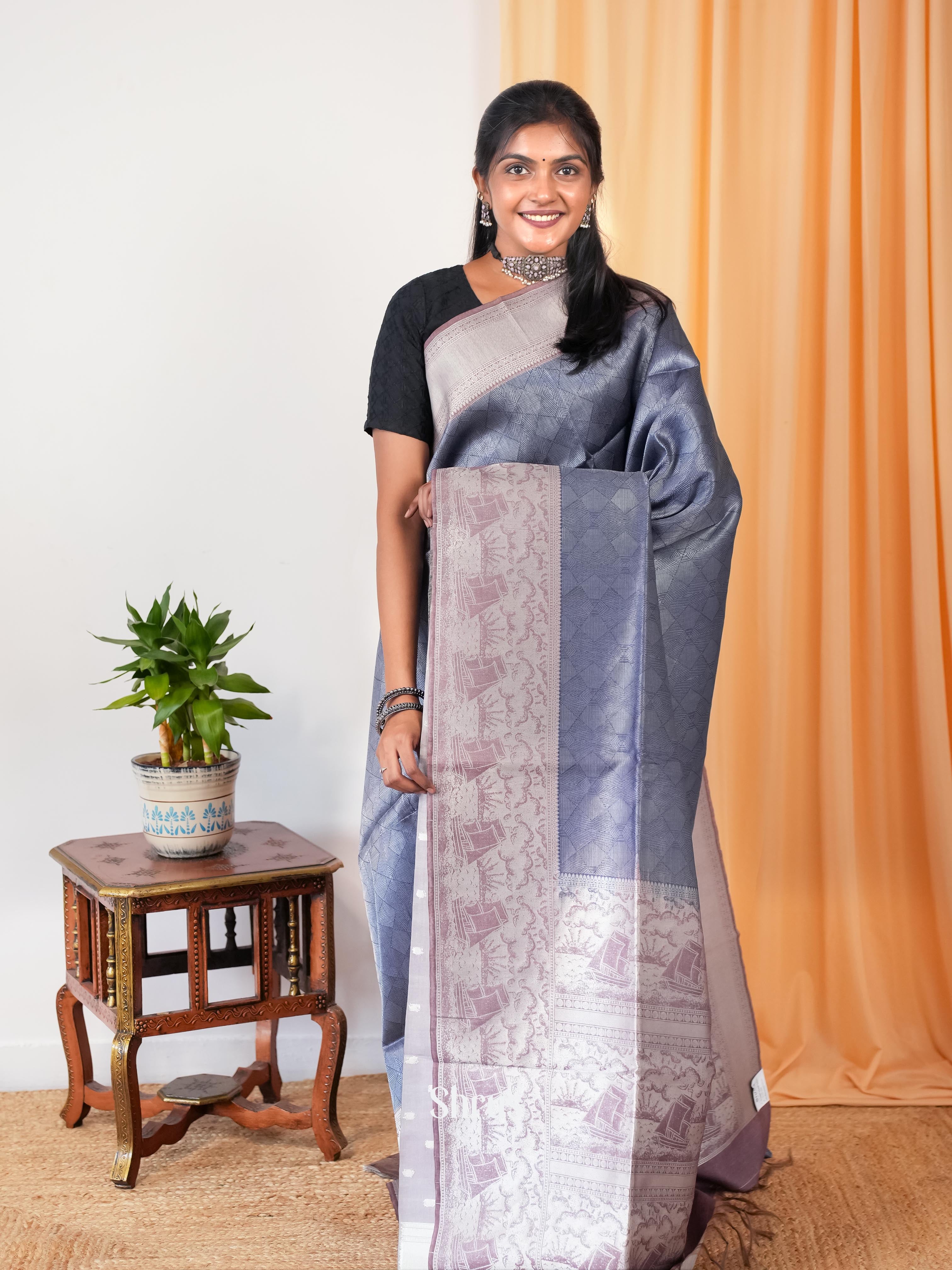 Blue & purple - Semi Tussar Saree