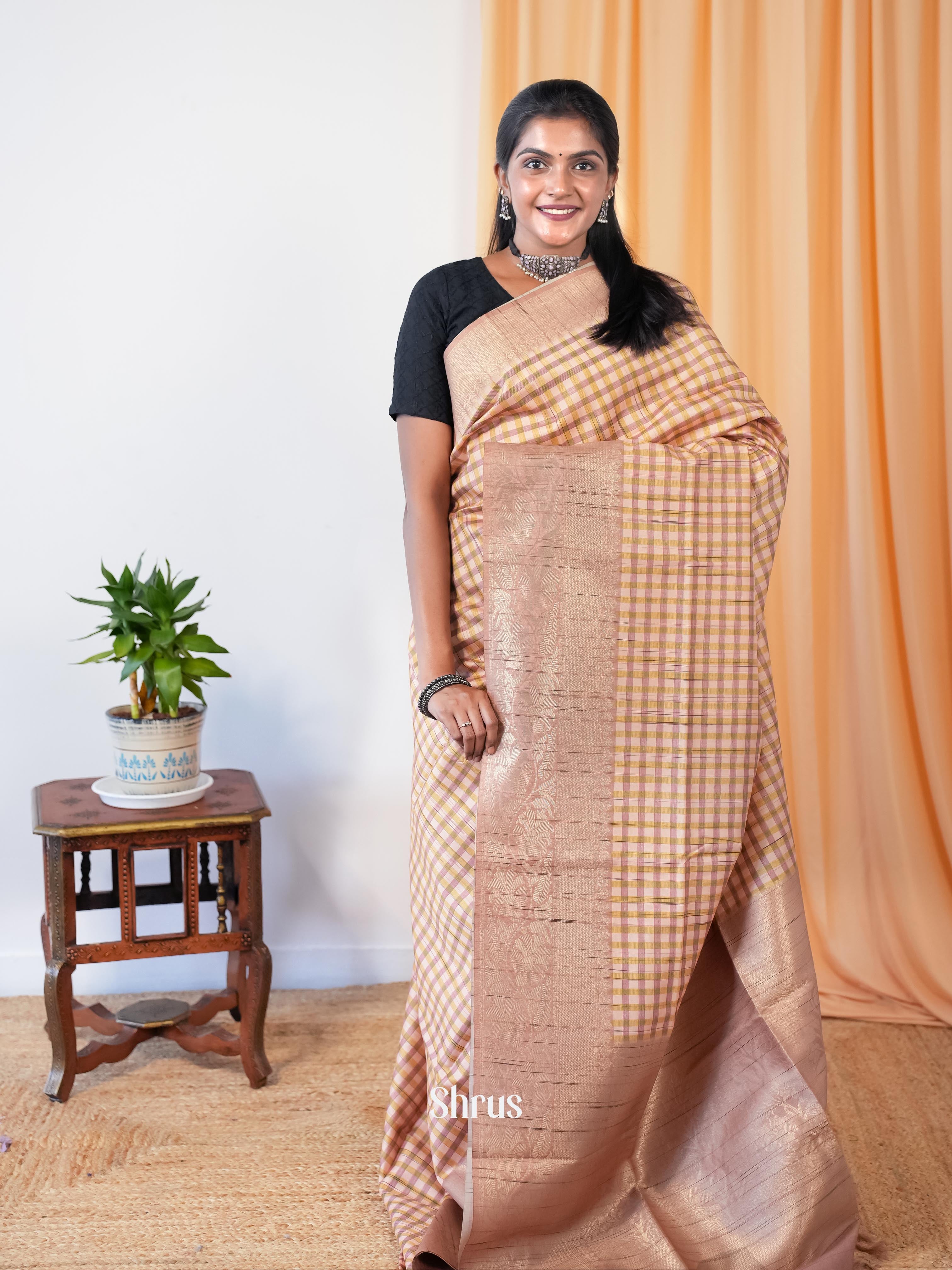 Brown & Cream - Semi Tussar Saree