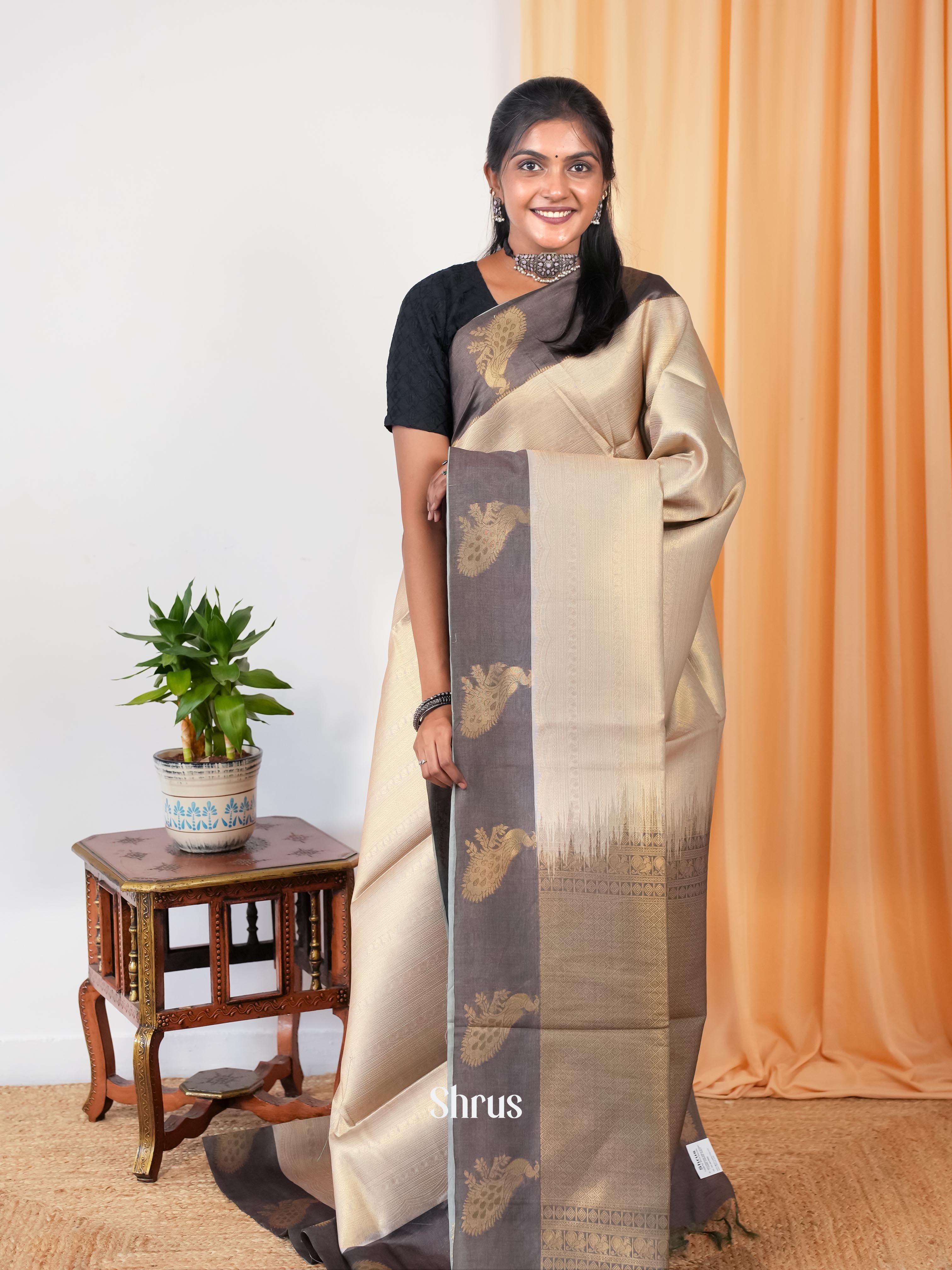 Cream & Grey  - Semi Tussar Saree