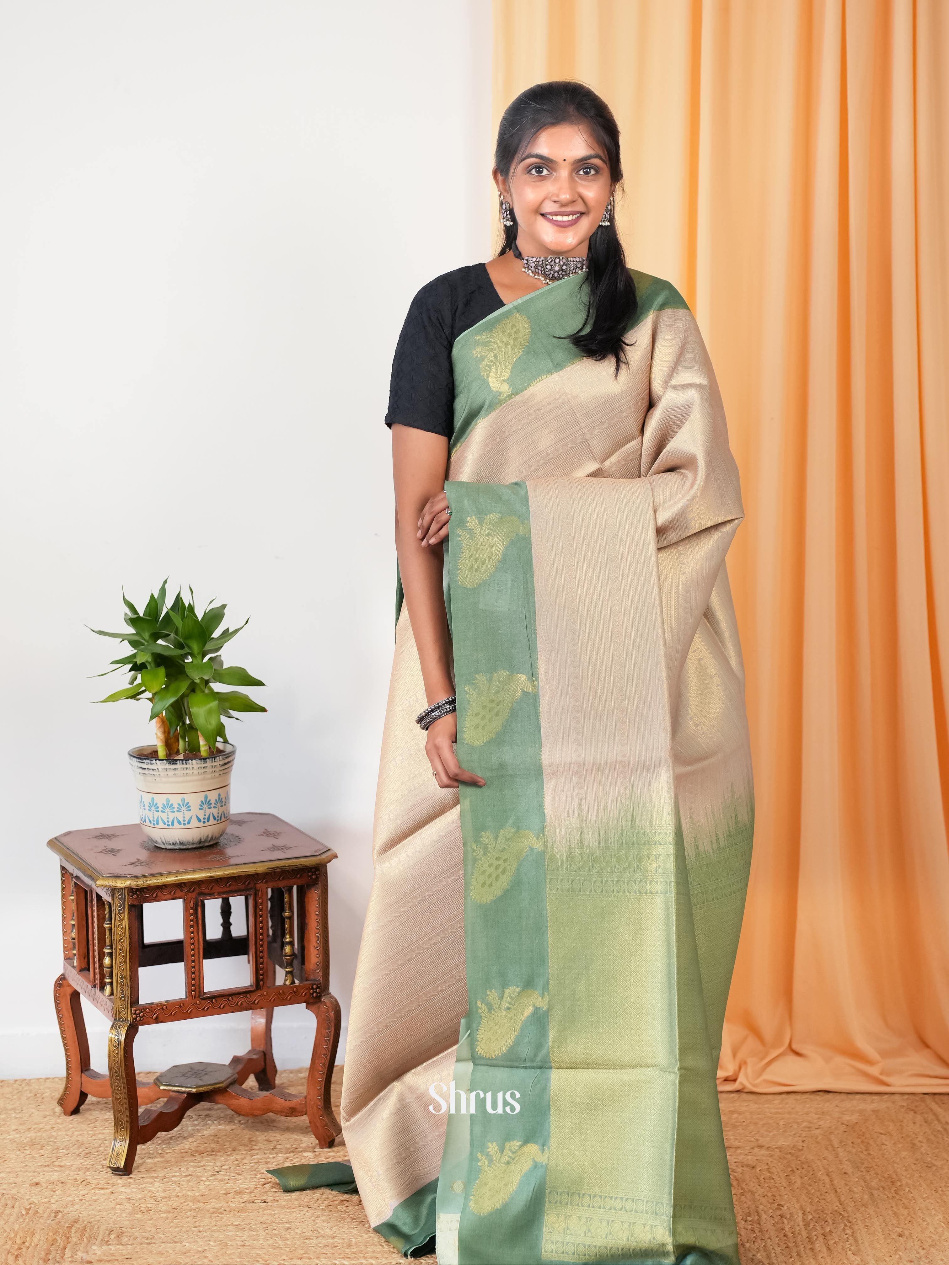 Grey & Green - Semi Tussar Saree