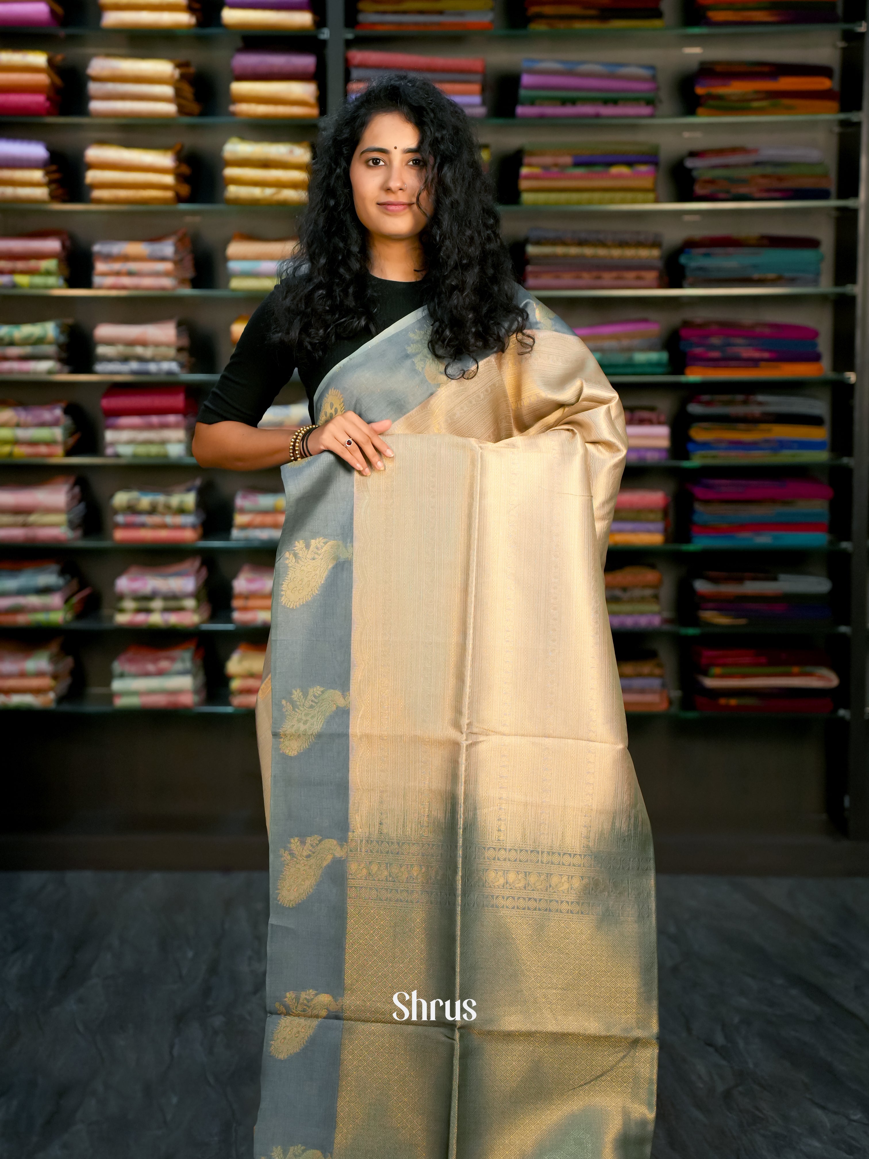 Cream  & Grey - Semi Tussar Saree