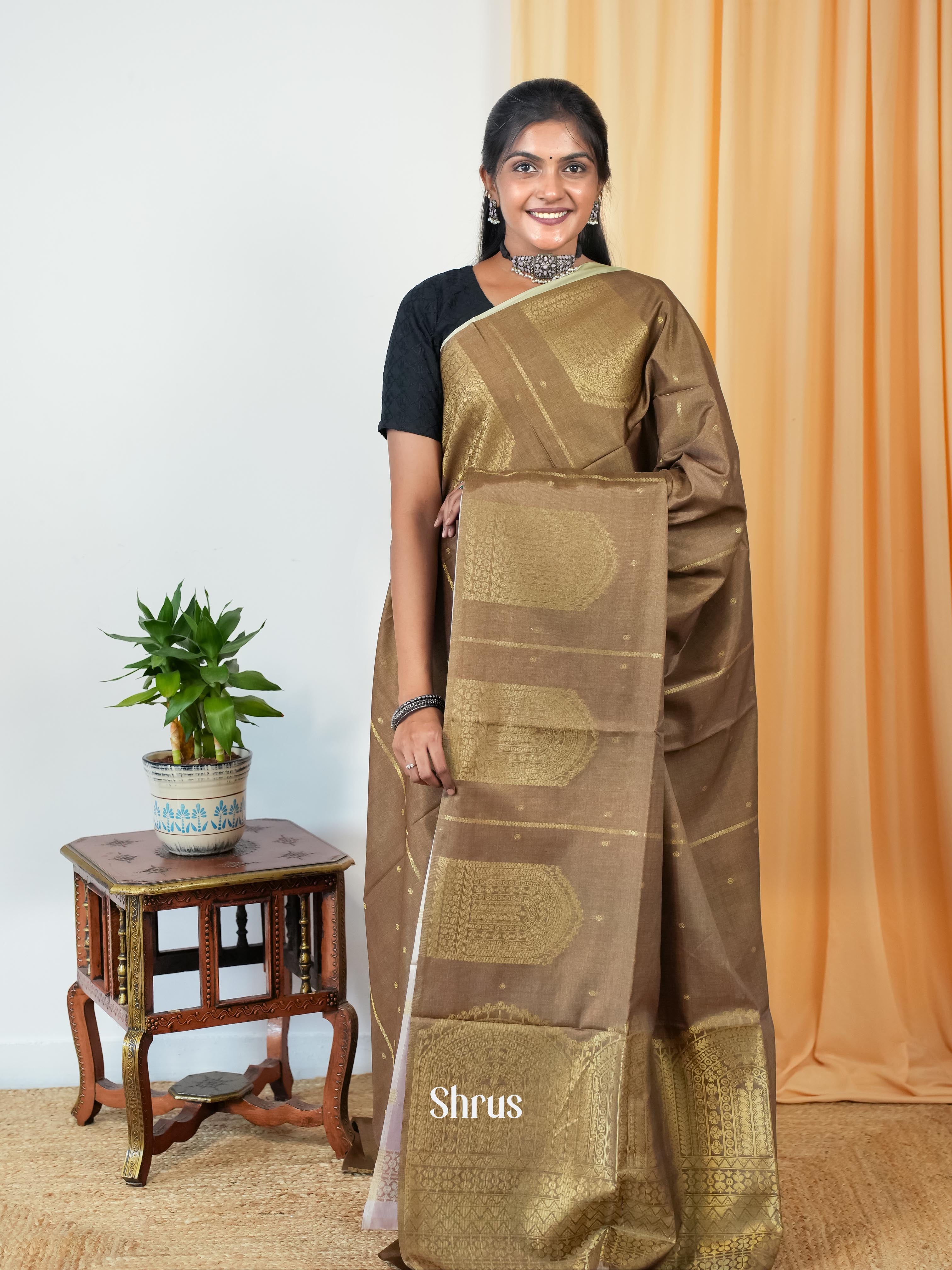 Brown & Pink- Semi Tussar Saree