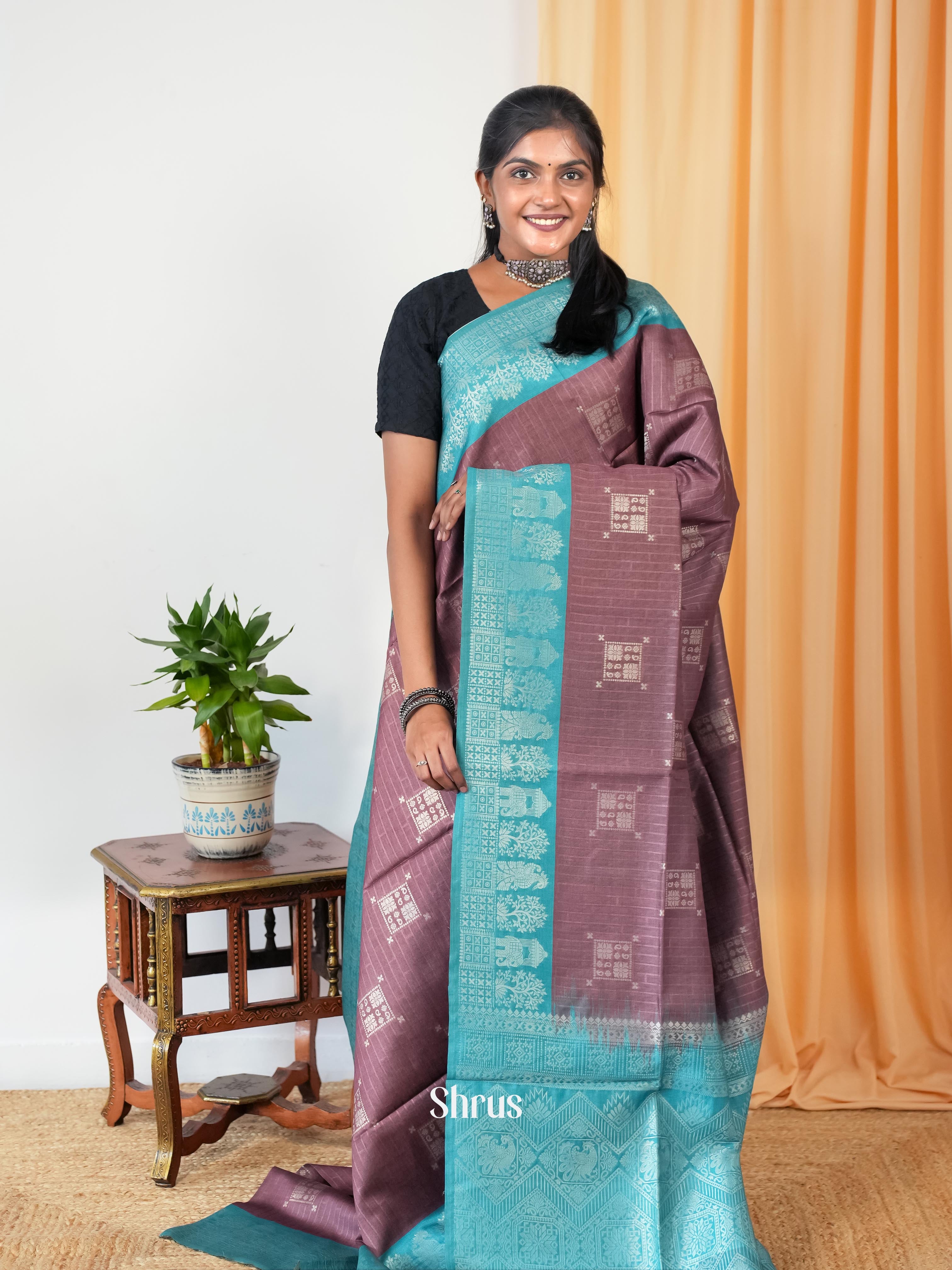 Brown & Teal - Semi Tussar Saree