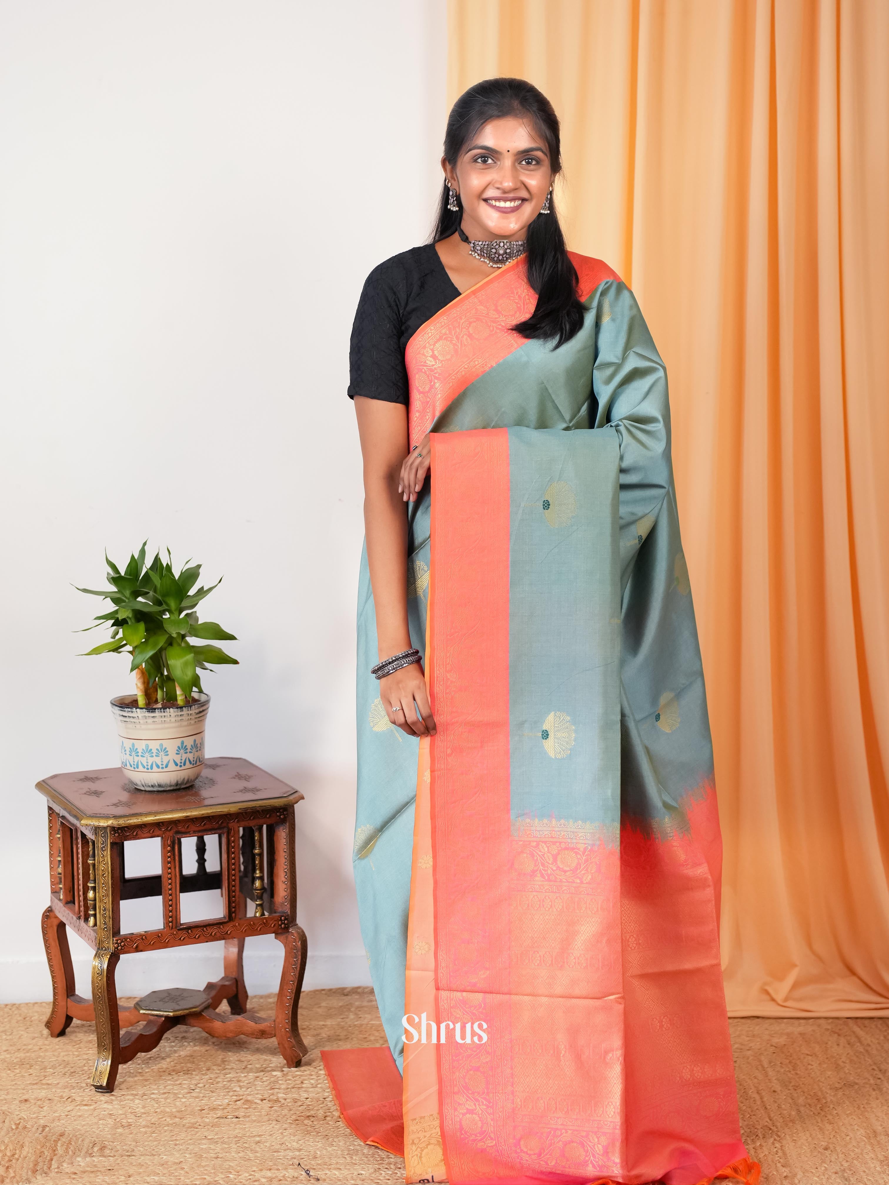 Grey & Orangish Pink - Semi Tussar Saree