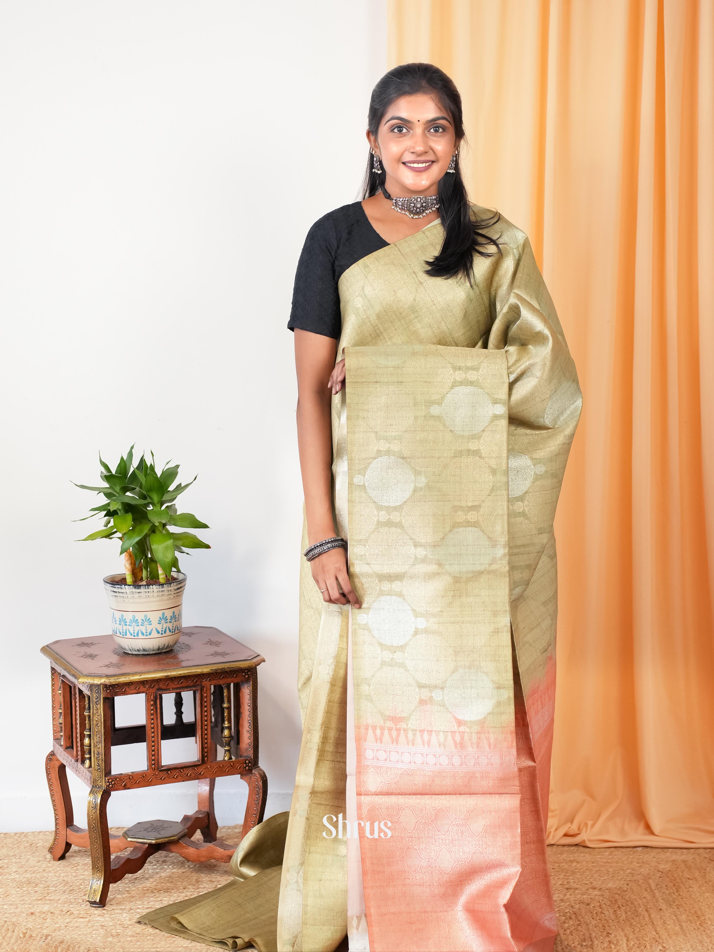 Cream & Pink - Semi Tussar Saree