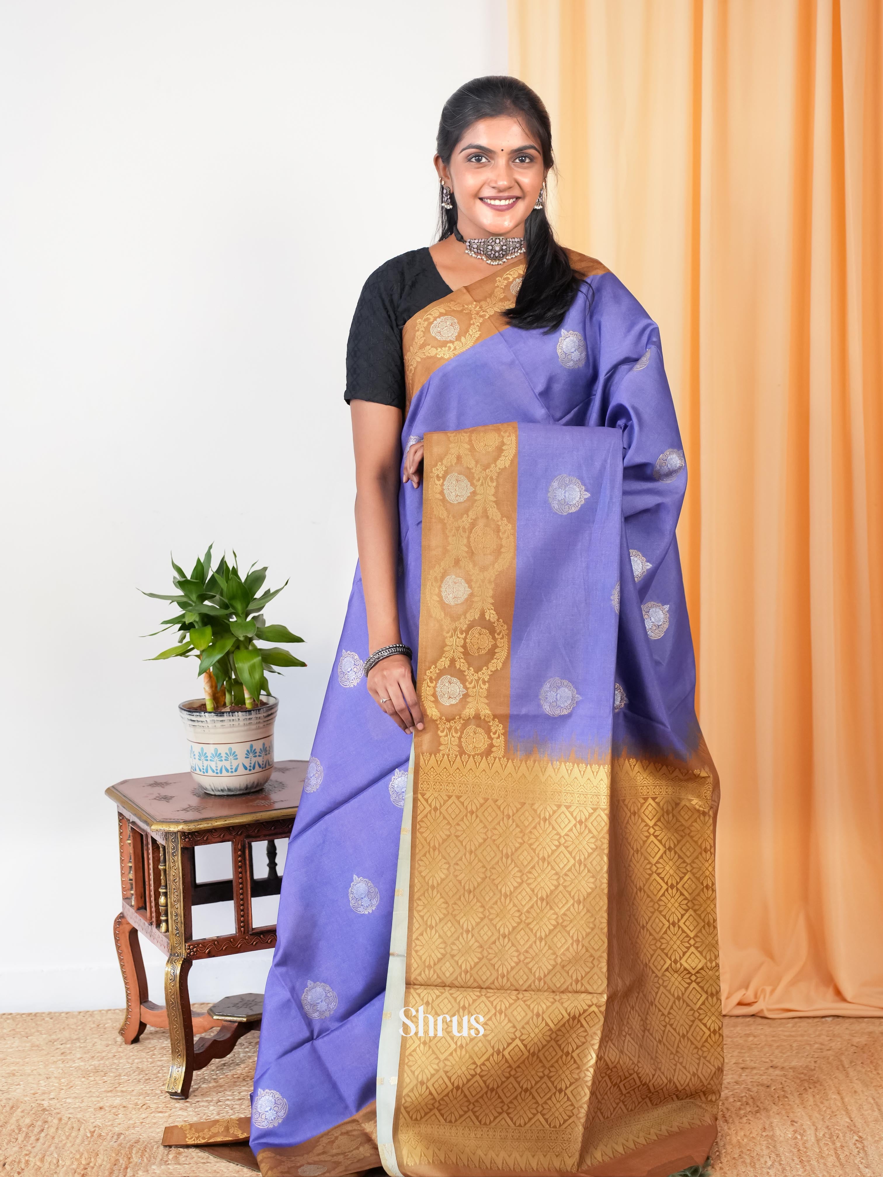 Purple & Brown - Semi Tussar Saree