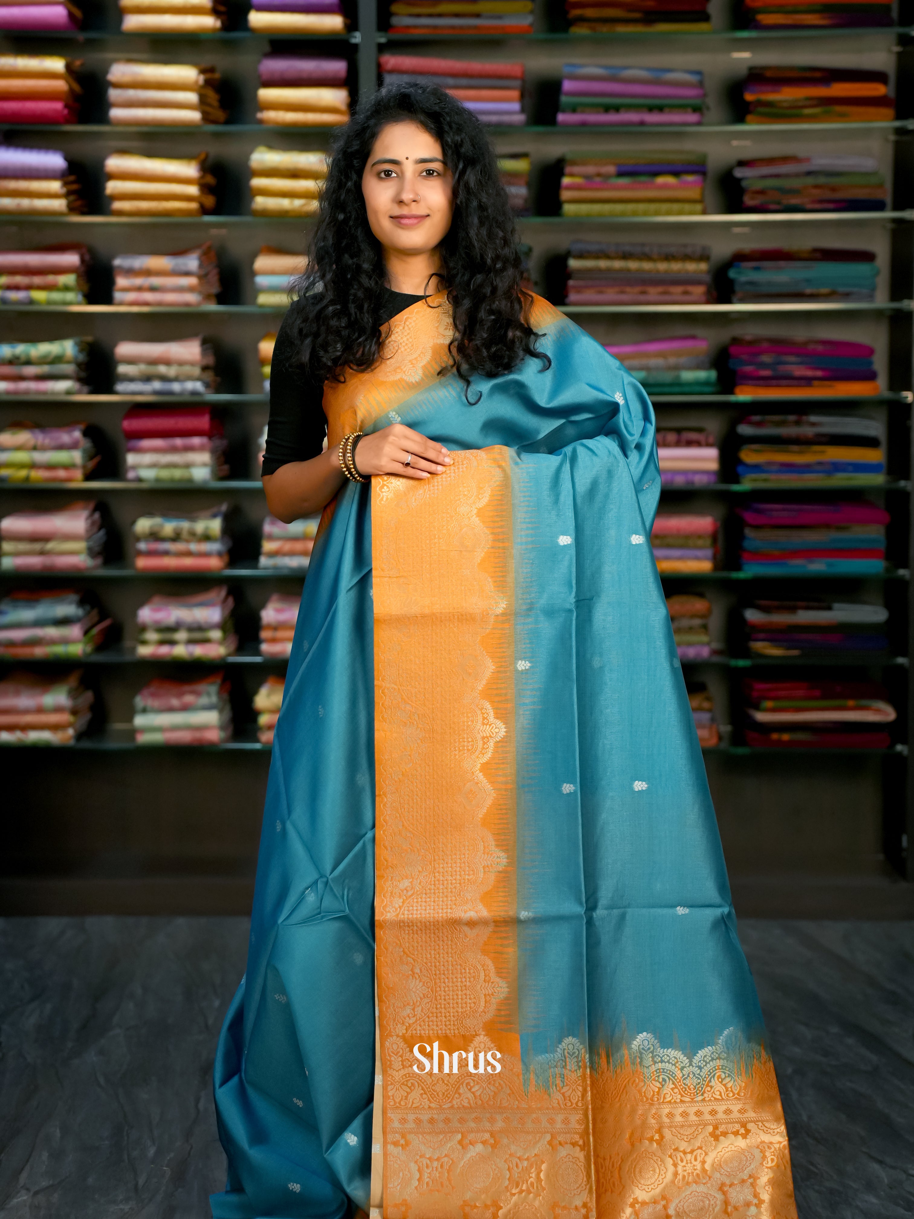 Blue & Orange - Semi Tussar Saree