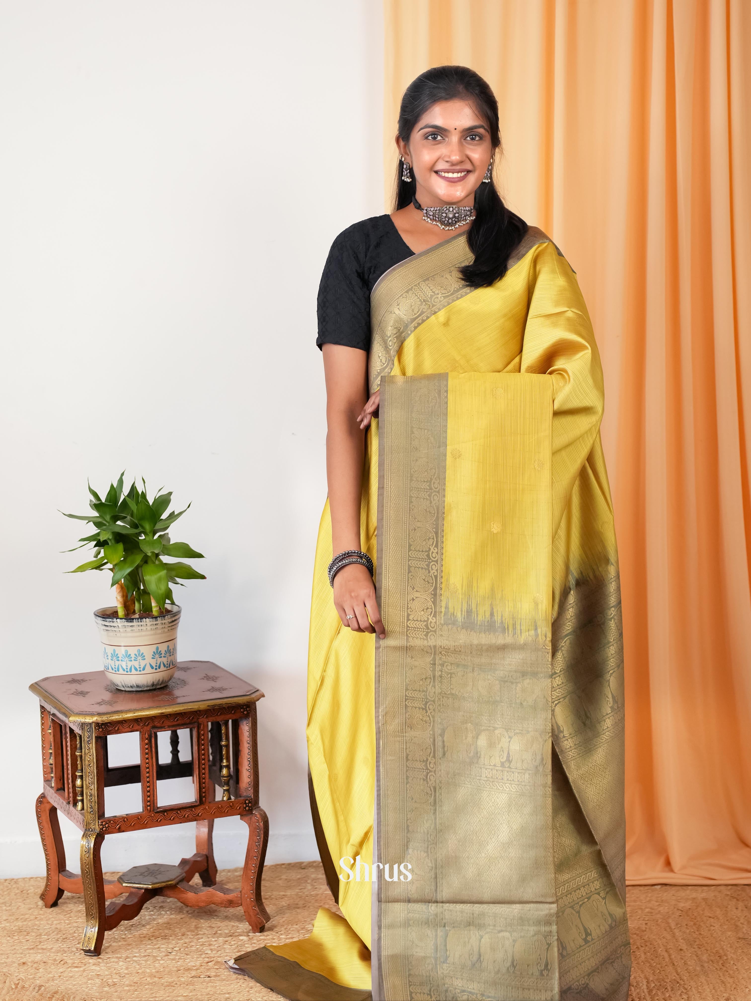 Yellow & Grey - Semi Tussar Saree