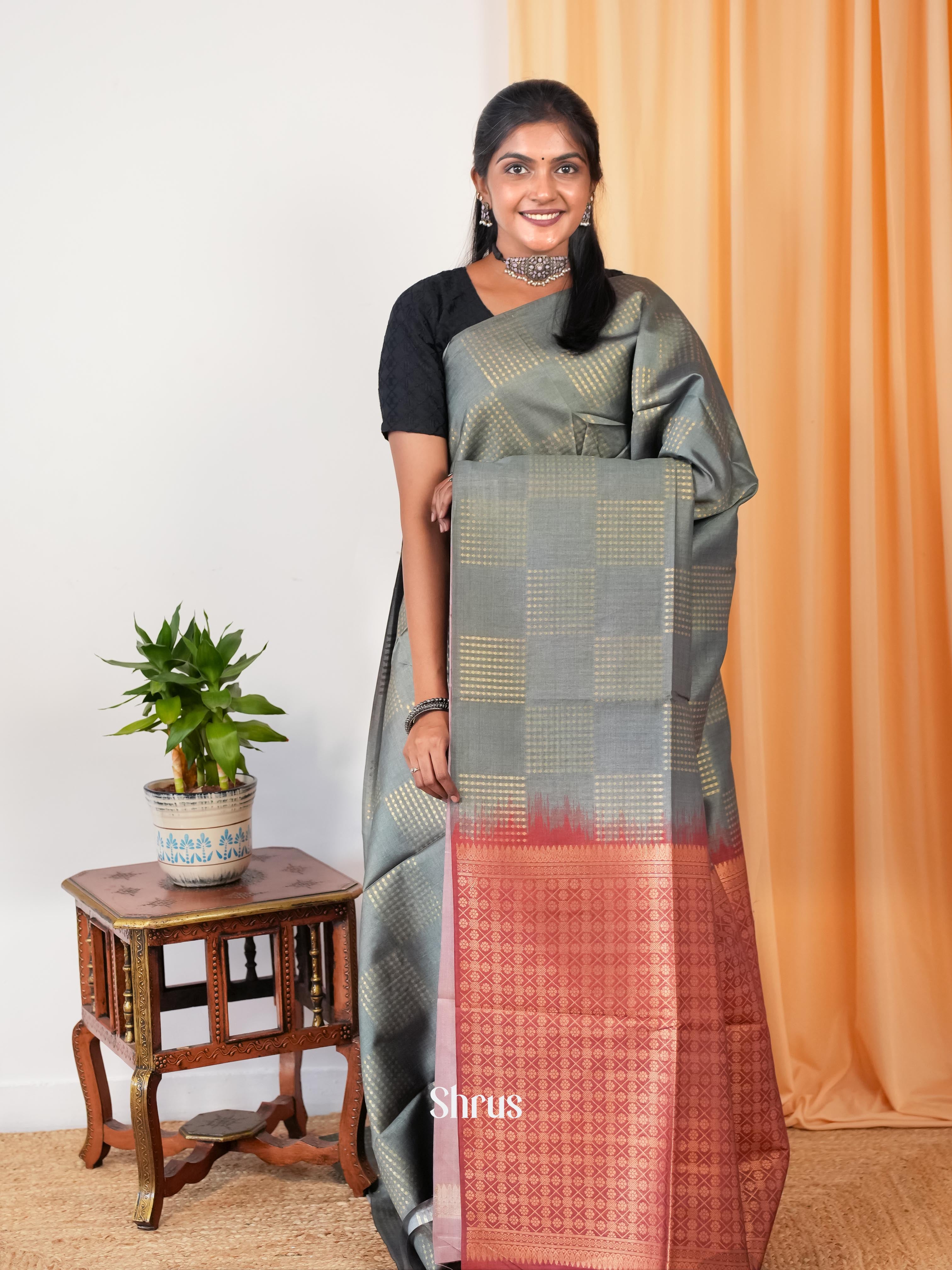 Grey & Red - Semi Tussar Saree