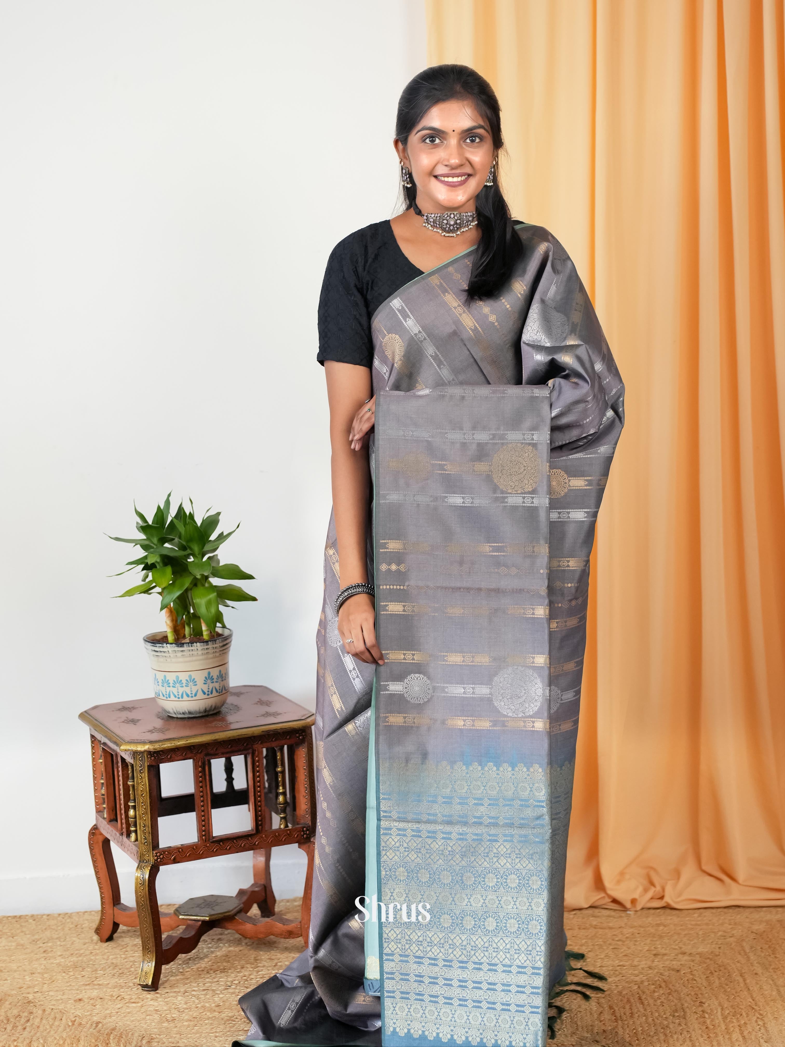 Grey & Blue - Semi Tussar Saree