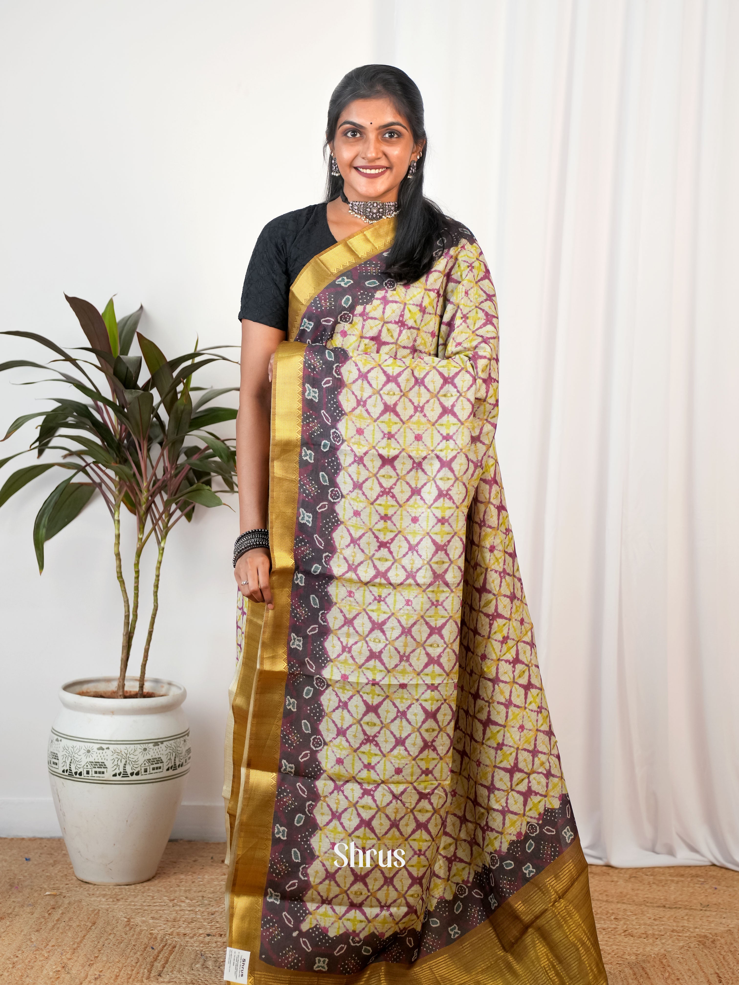 Cream & mehandi - Semi Chanderi Saree