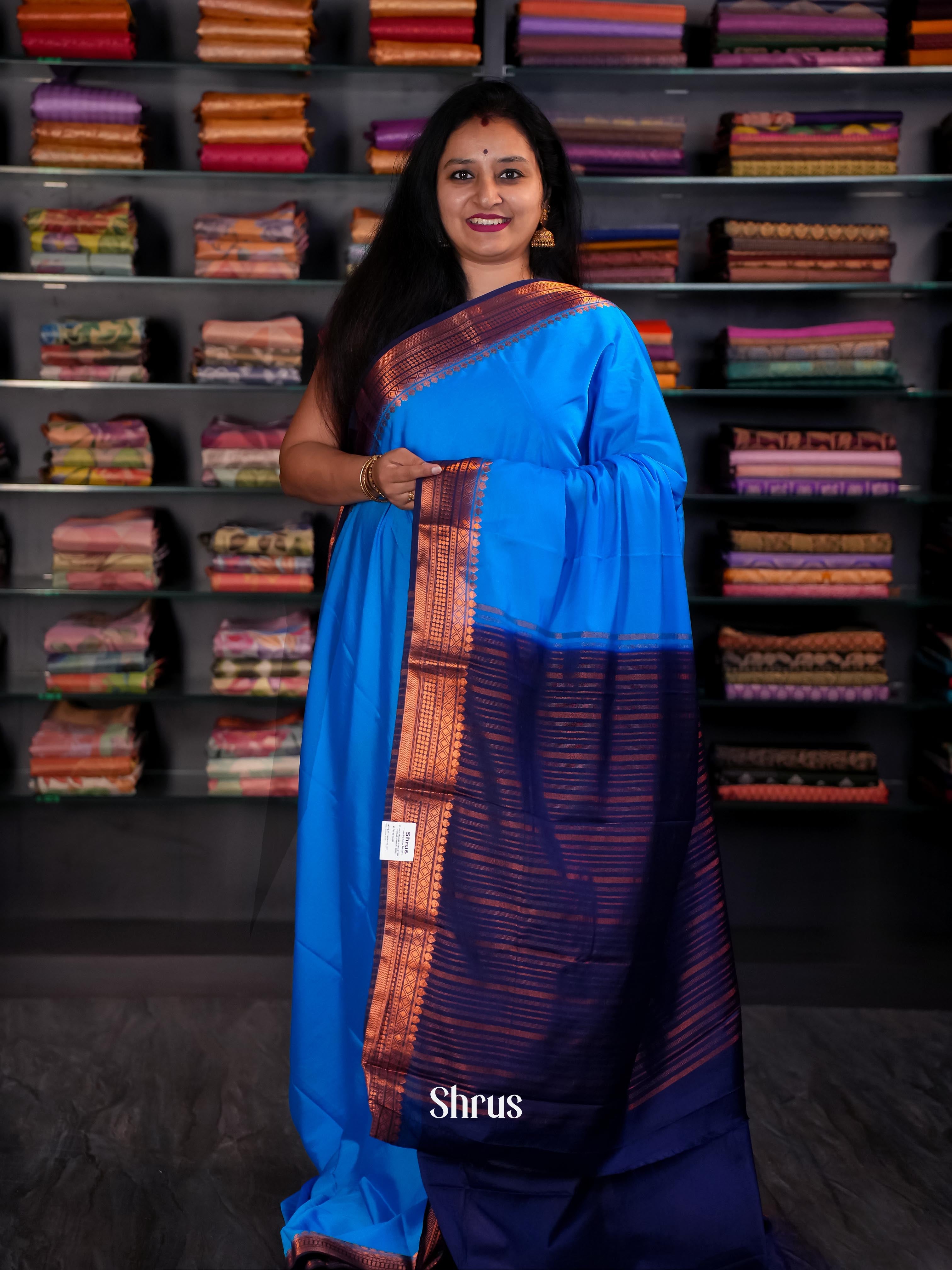 Teal & Navy Blue - Semi Mysore silk Saree