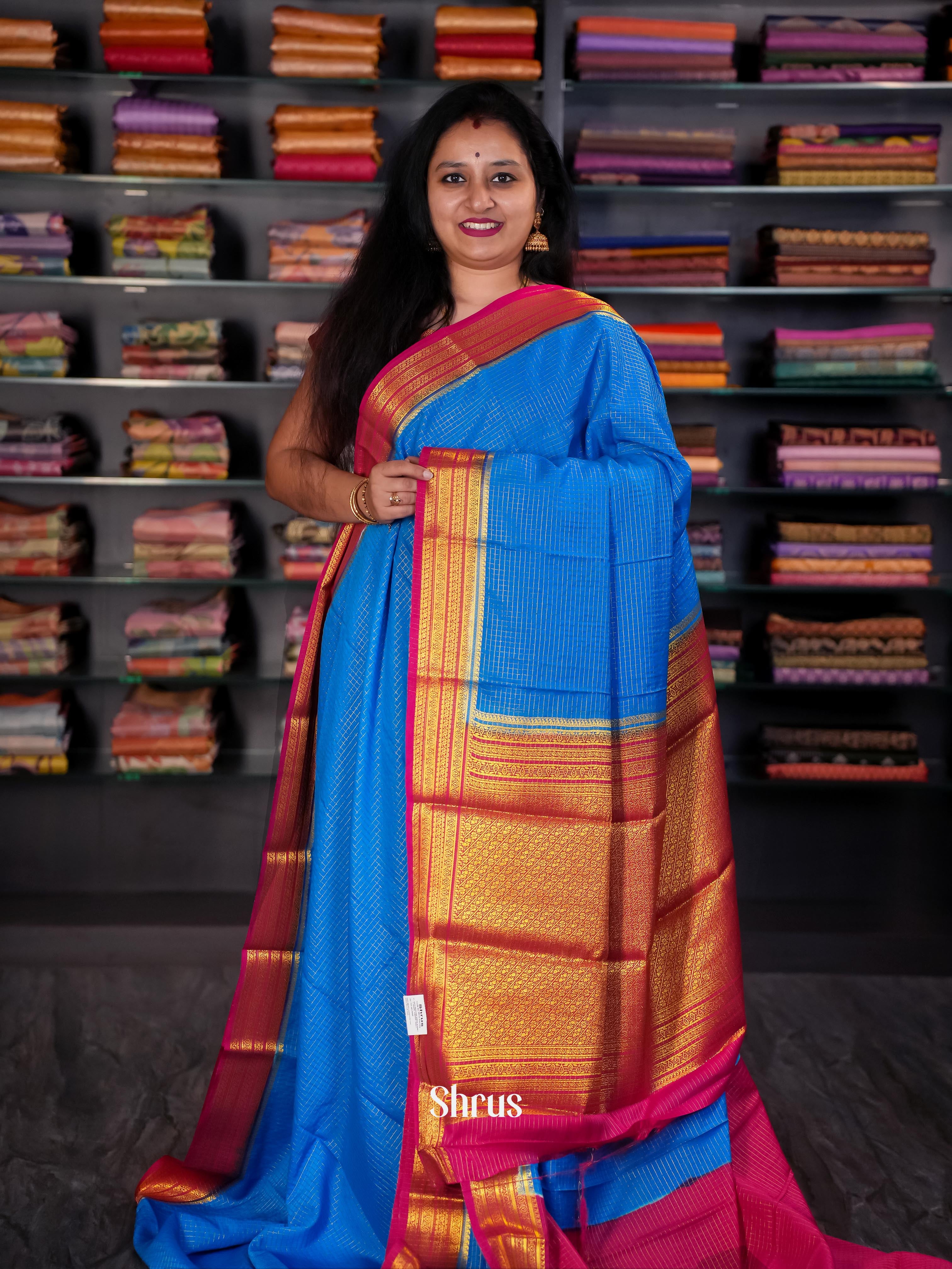 Blue & Pink- Semi  Mysore silk Saree