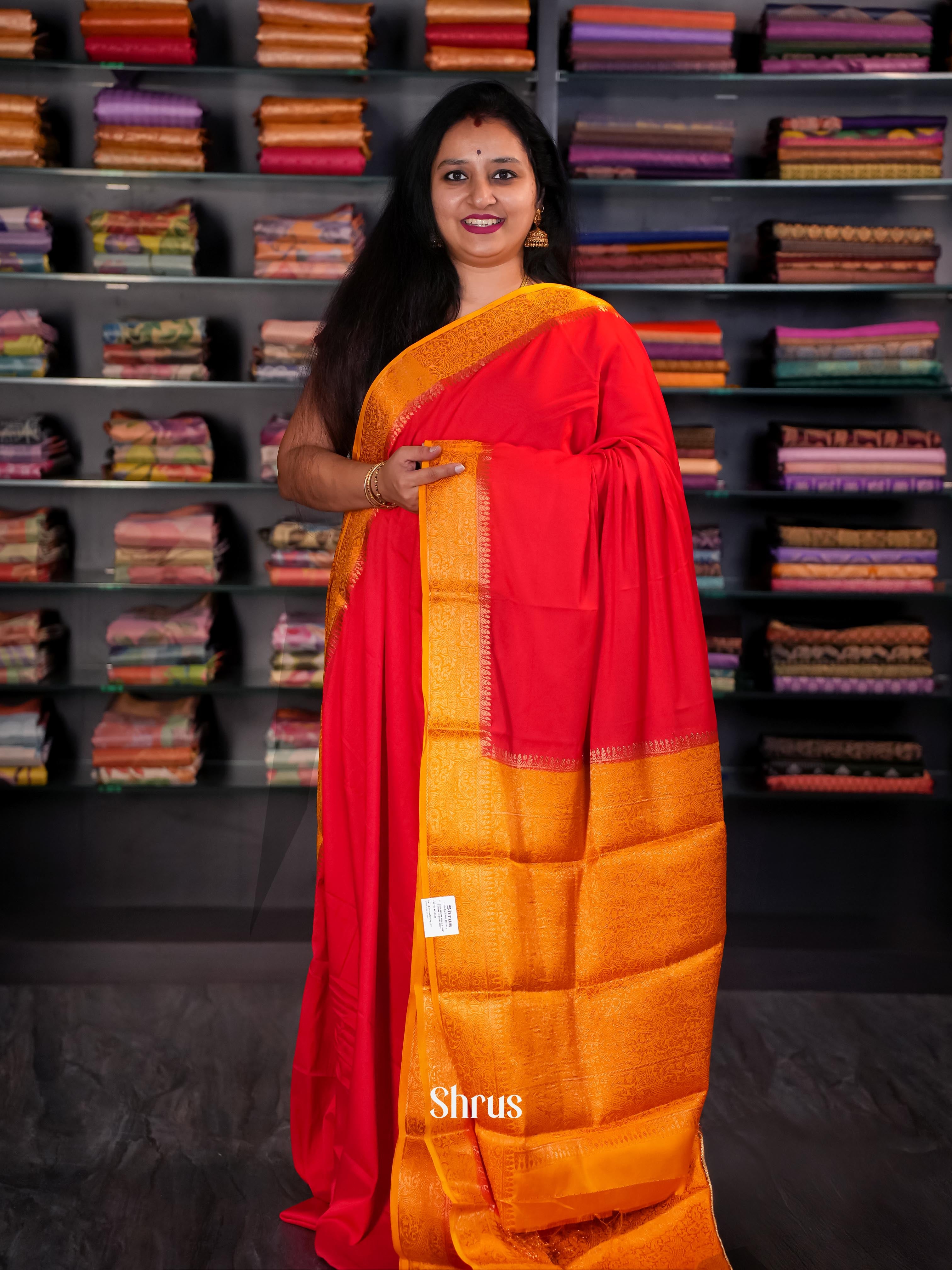 red & Mustard- Semi Mysore silk Saree