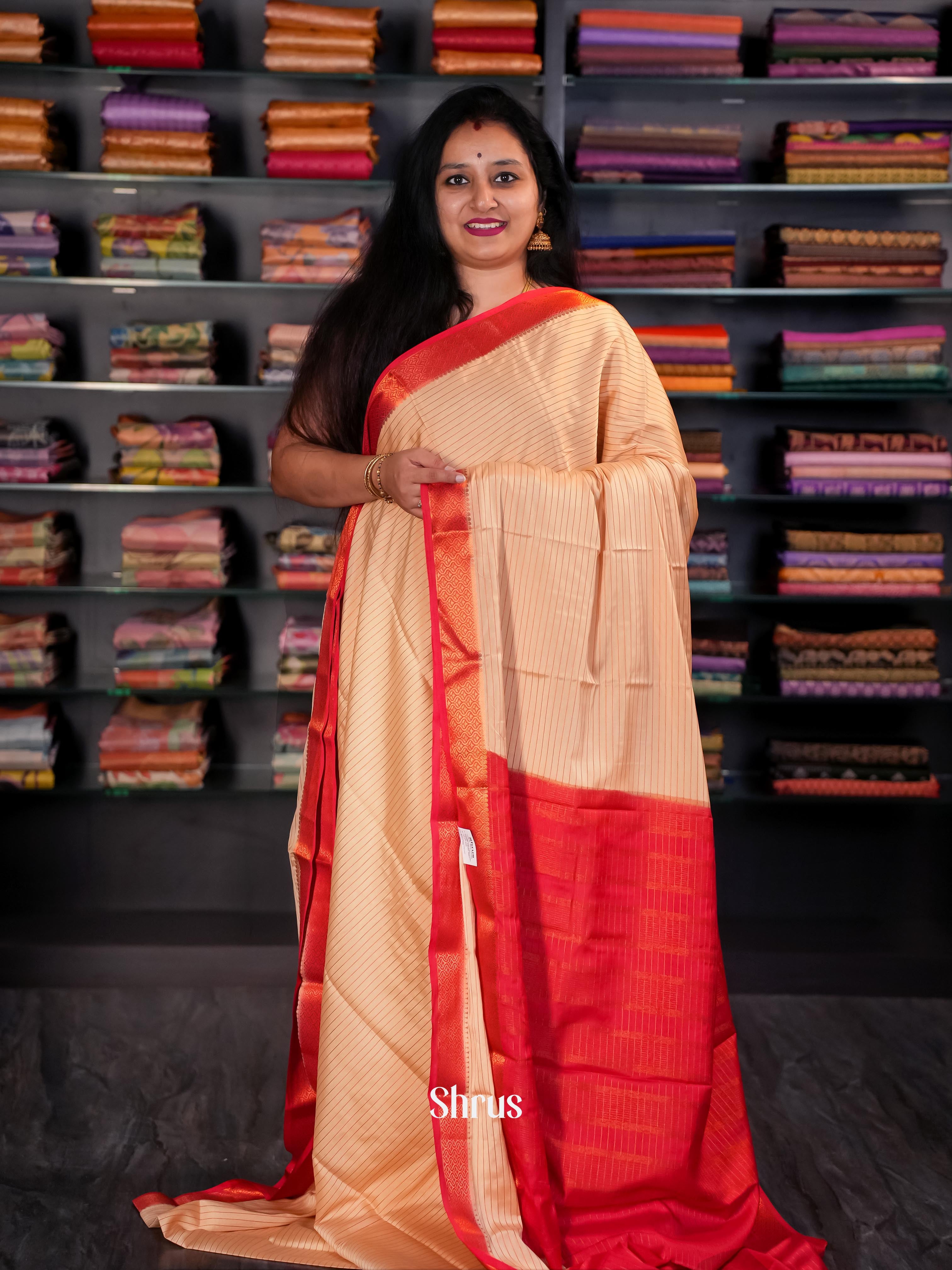 Peach & Red - Semi Mysore silk Saree