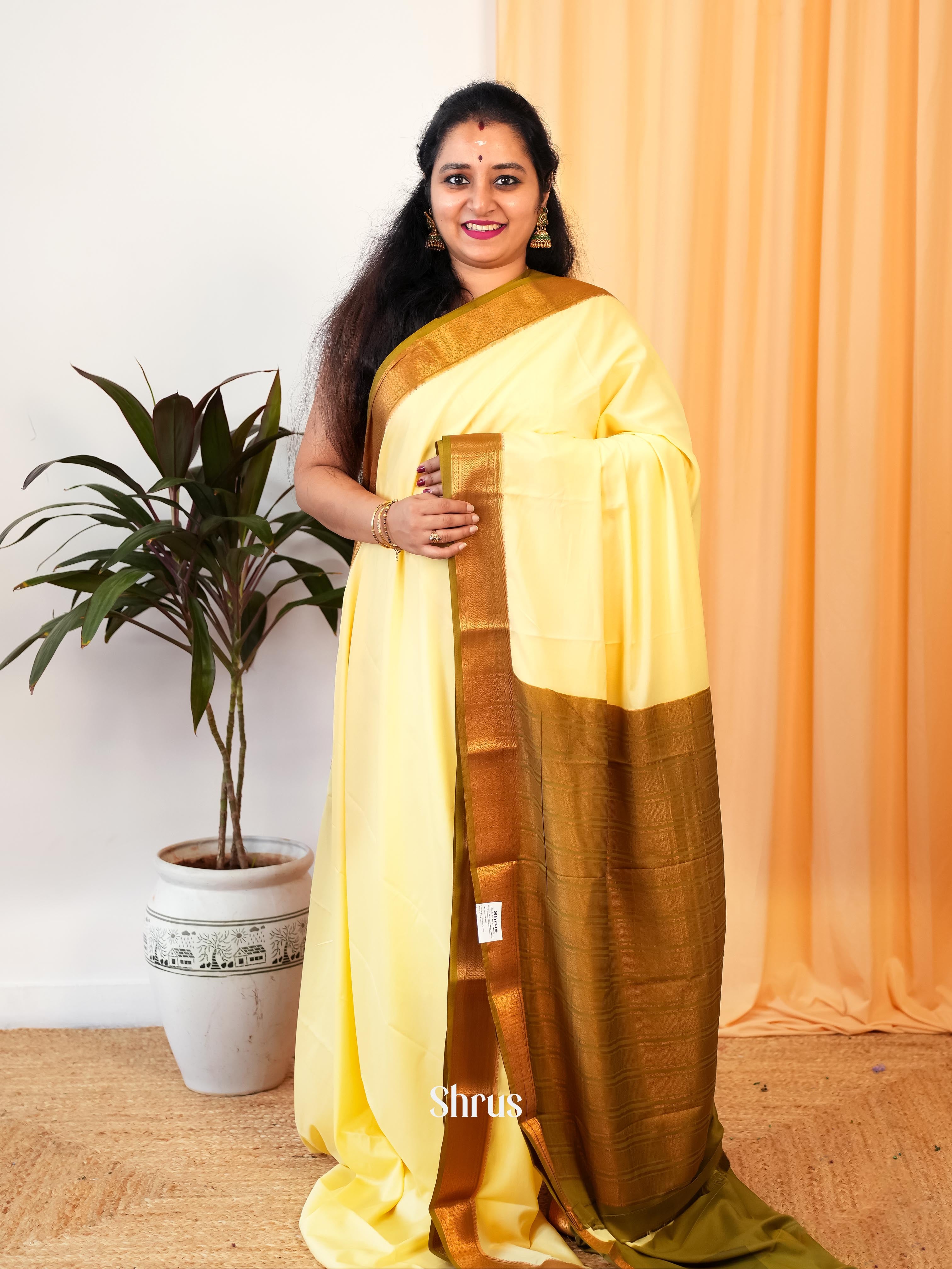 Pale Yellow & Green - Semi Mysoresilk Saree