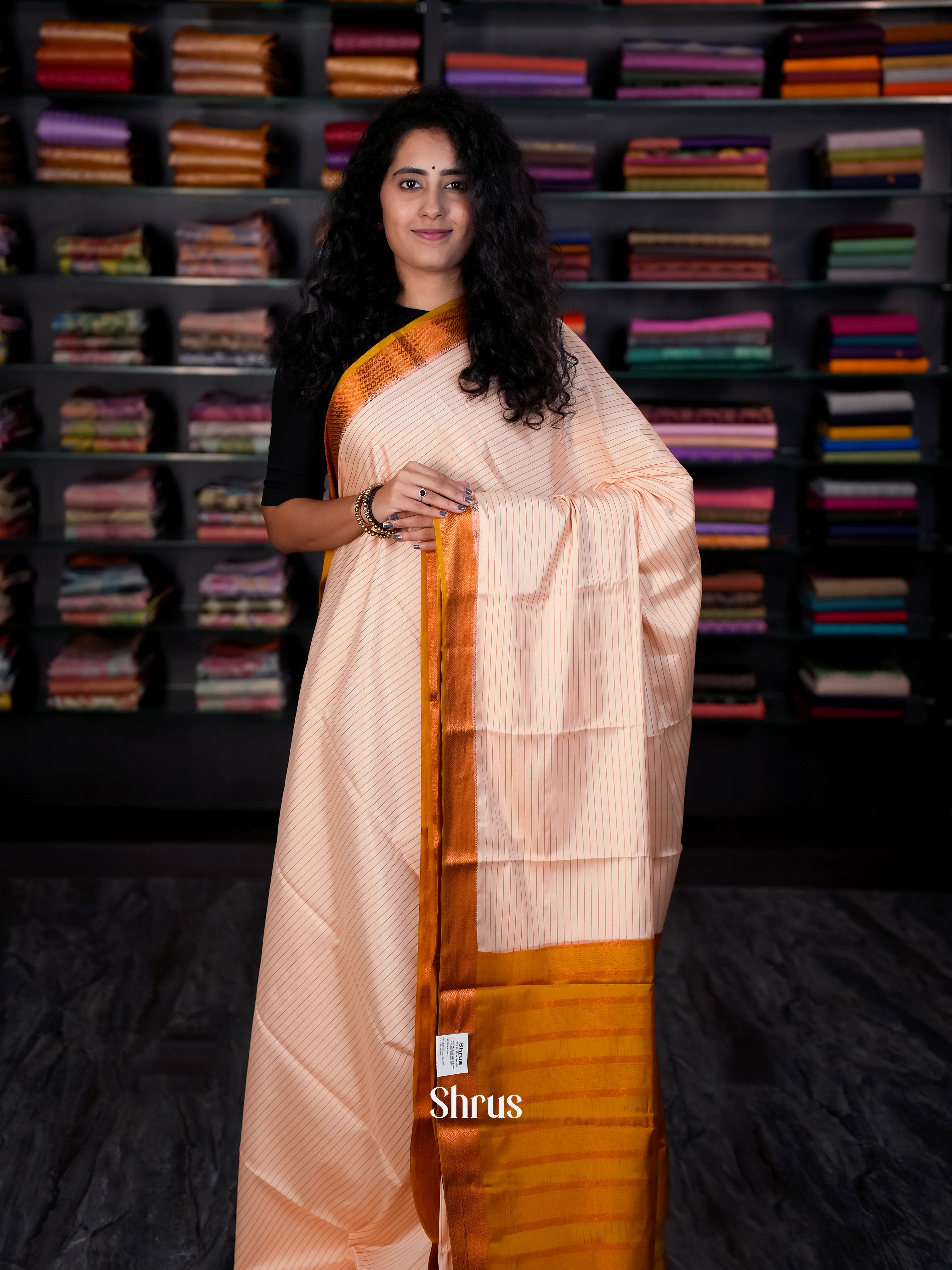 Cream & Mustard - Semi Mysore silk Saree